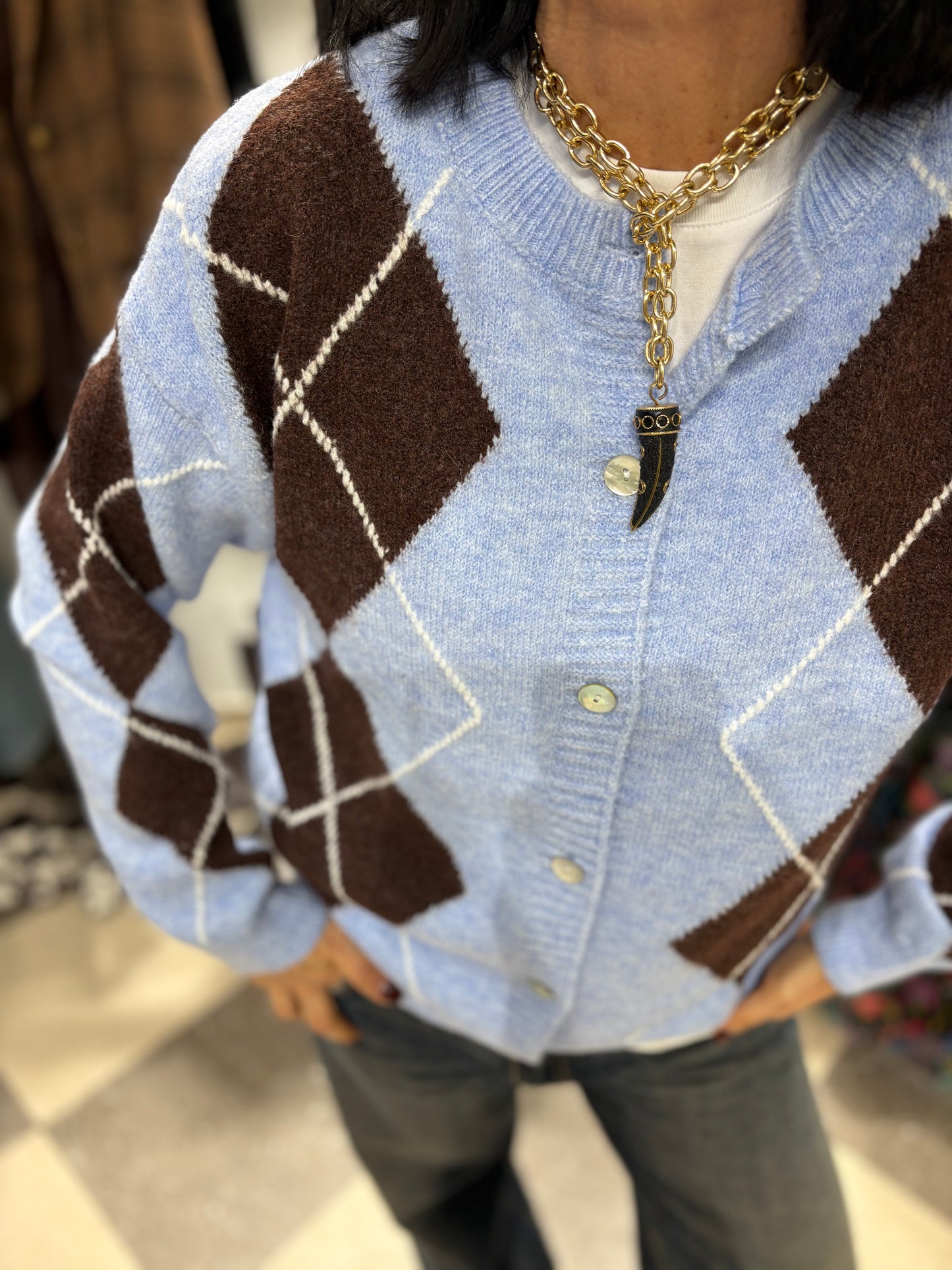 Cardigan rombi celeste e cioccolato