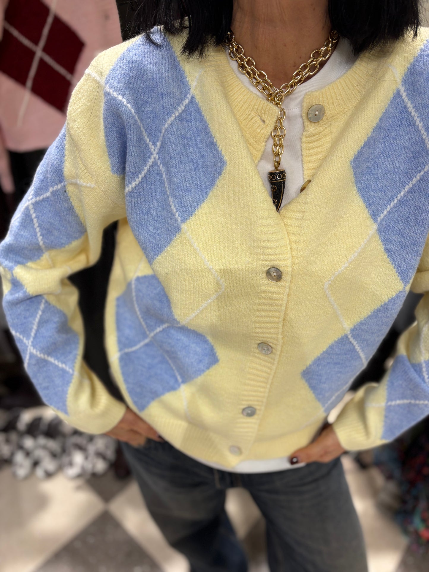 Cardigan rombi celeste e butter yellow