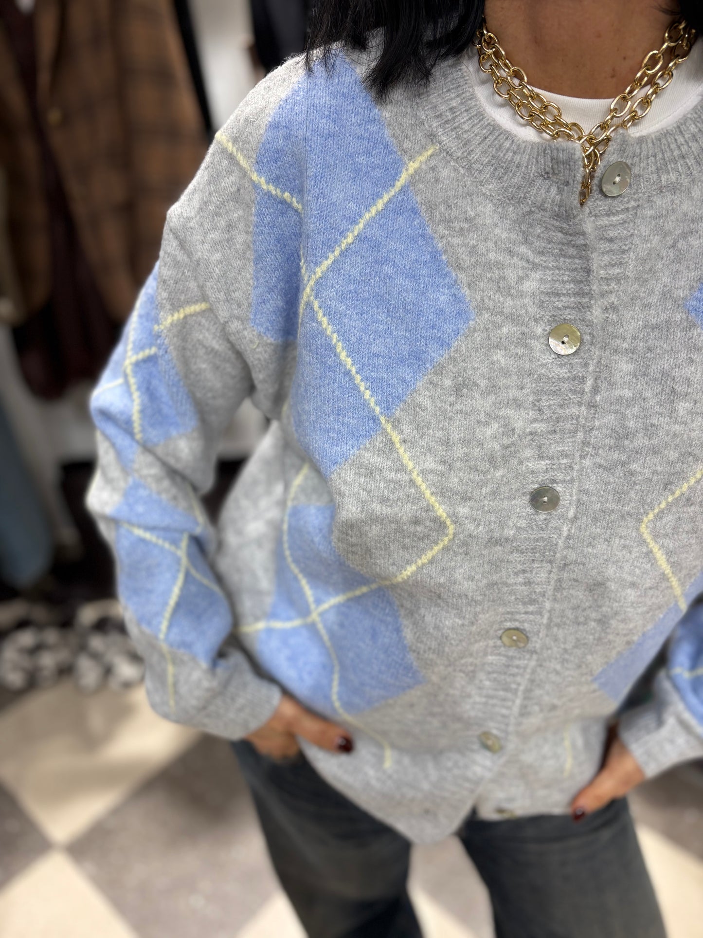 Cardigan rombi grigio e celeste