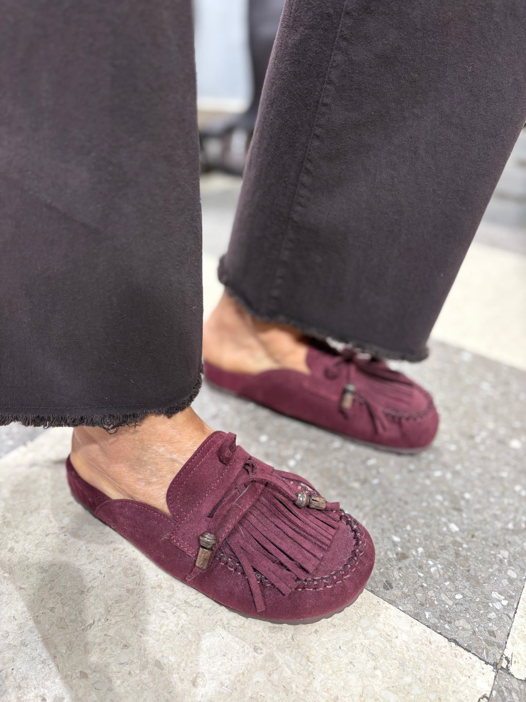 Sabot con frange bordeaux