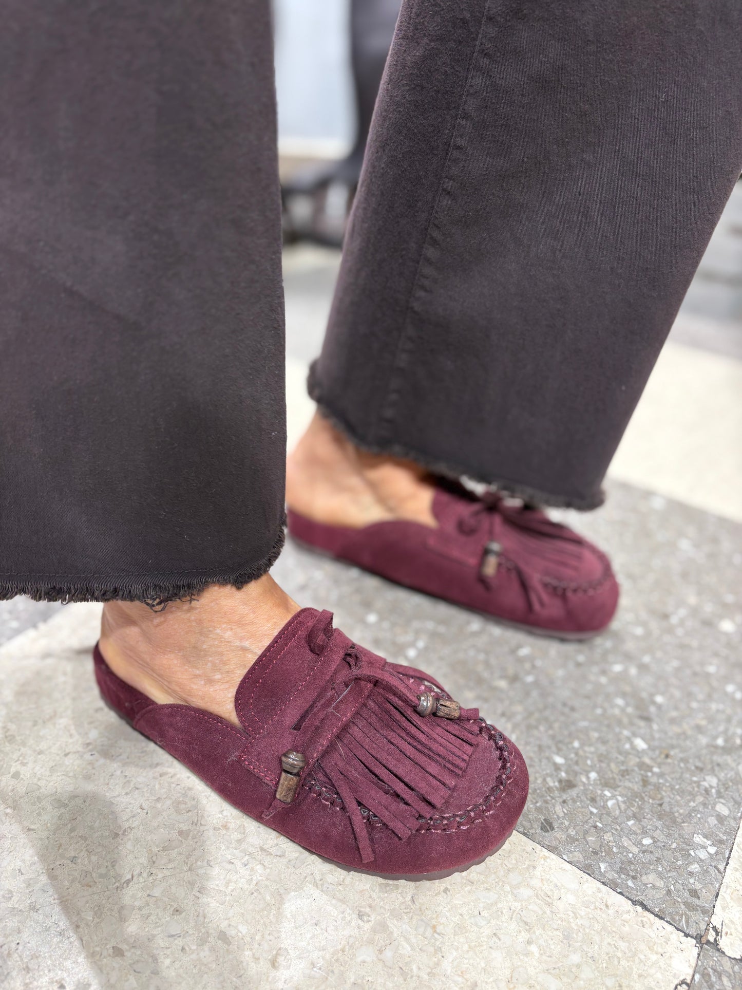 Sabot con frange bordeaux