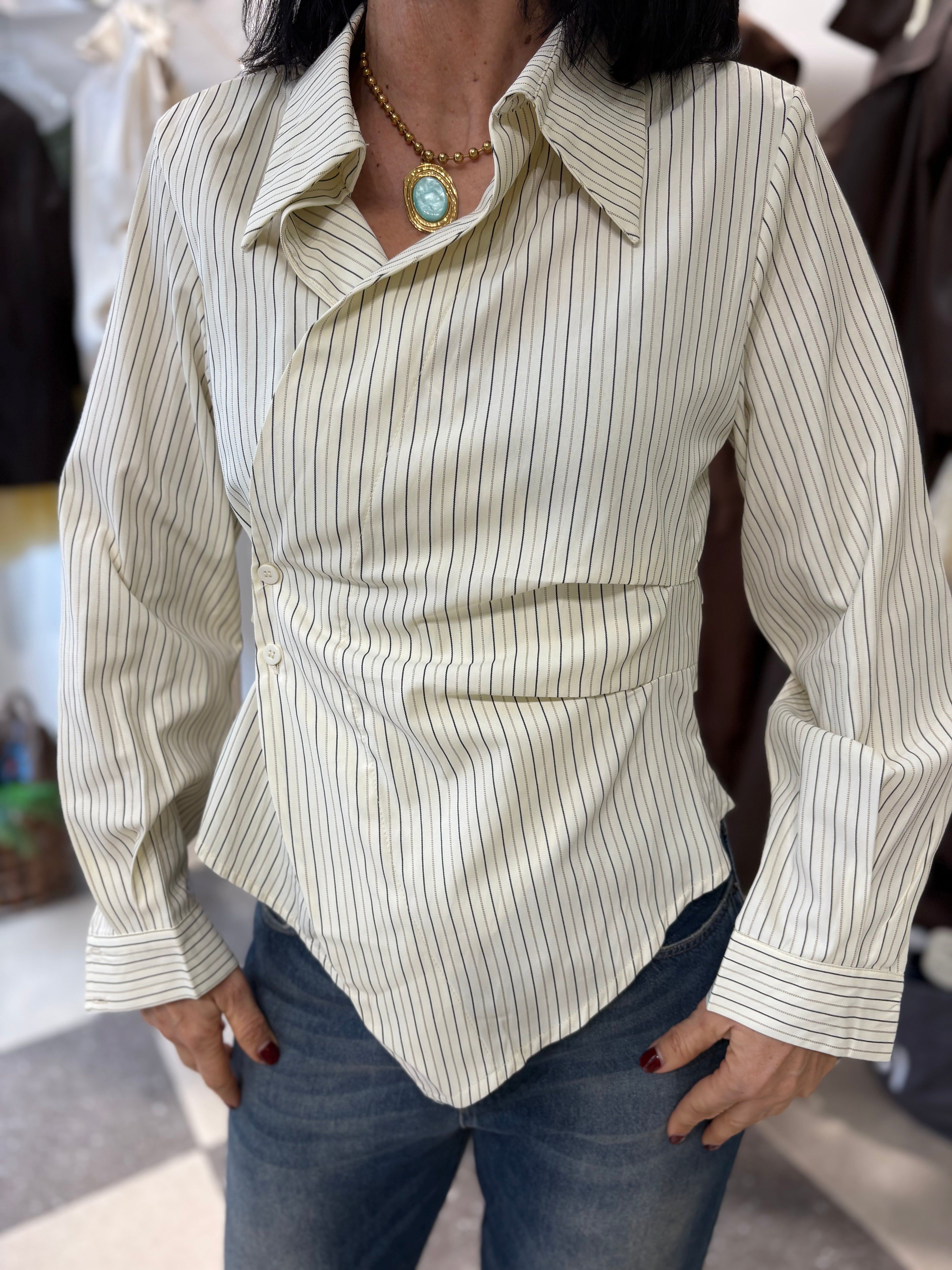 Camicia incrociata gessata giallo burro
