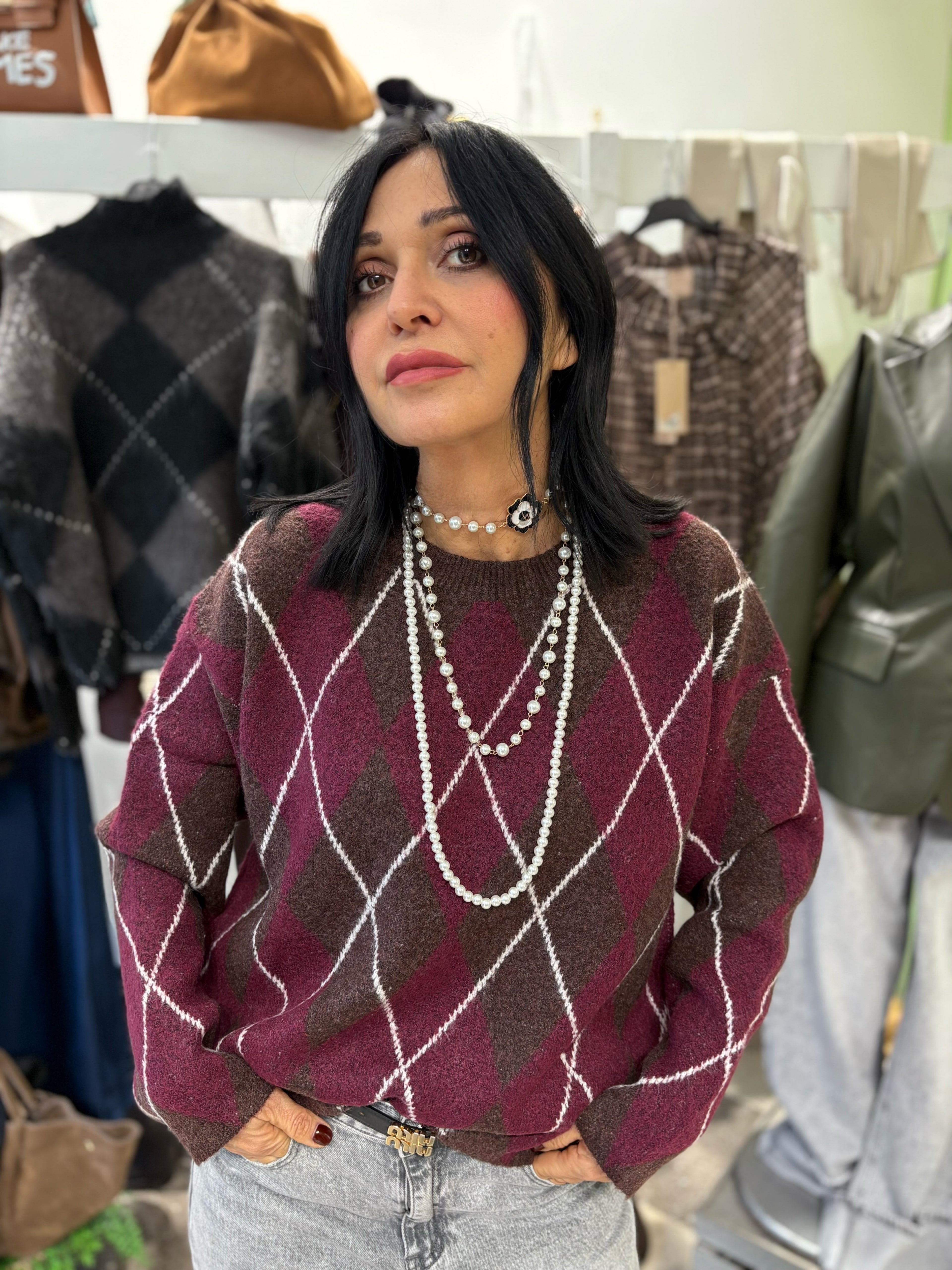 Maglione girocollo struttura rombi