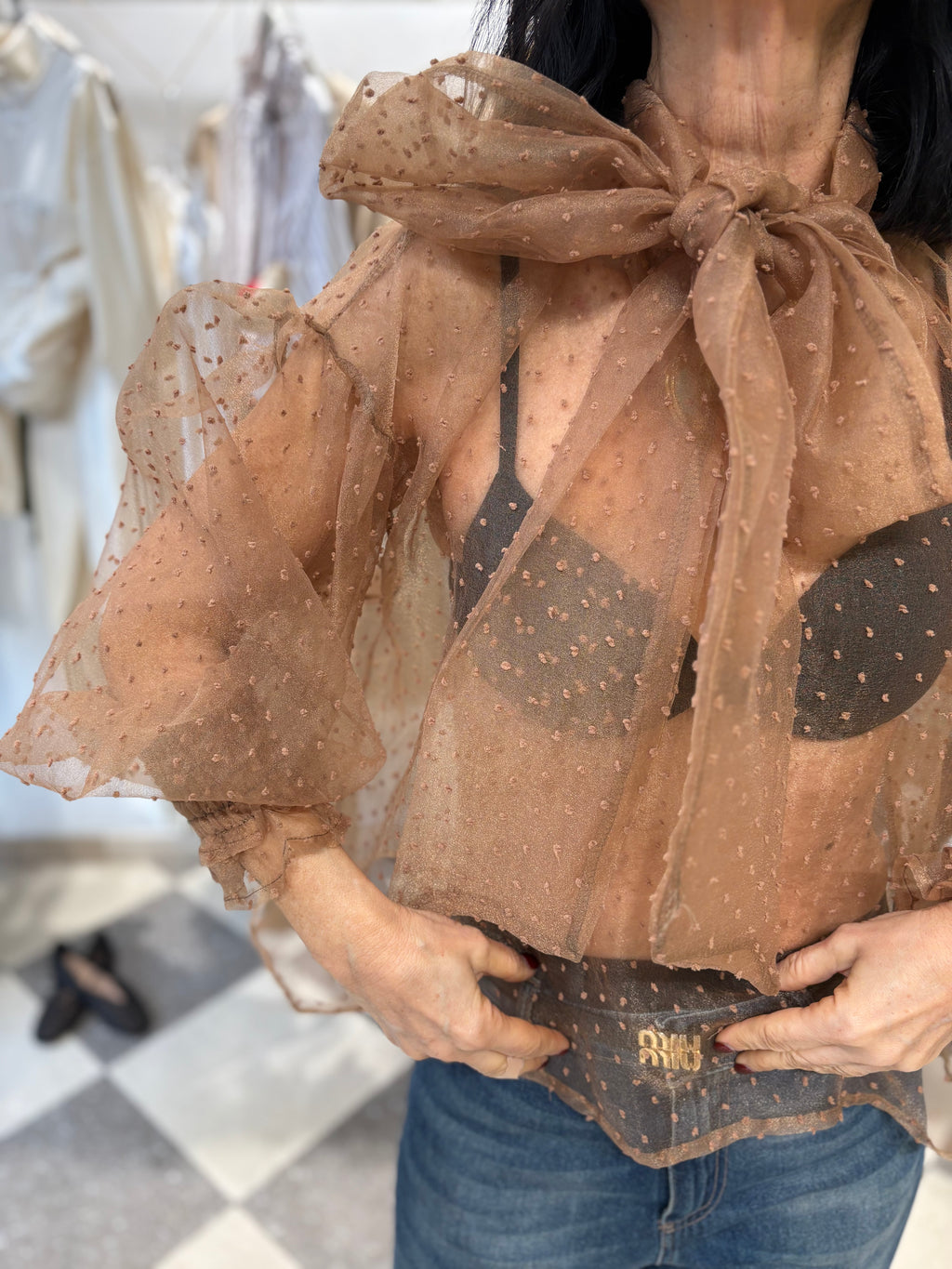 Blusa in Organza Plumetis Marrone con Fiocco – €39,90