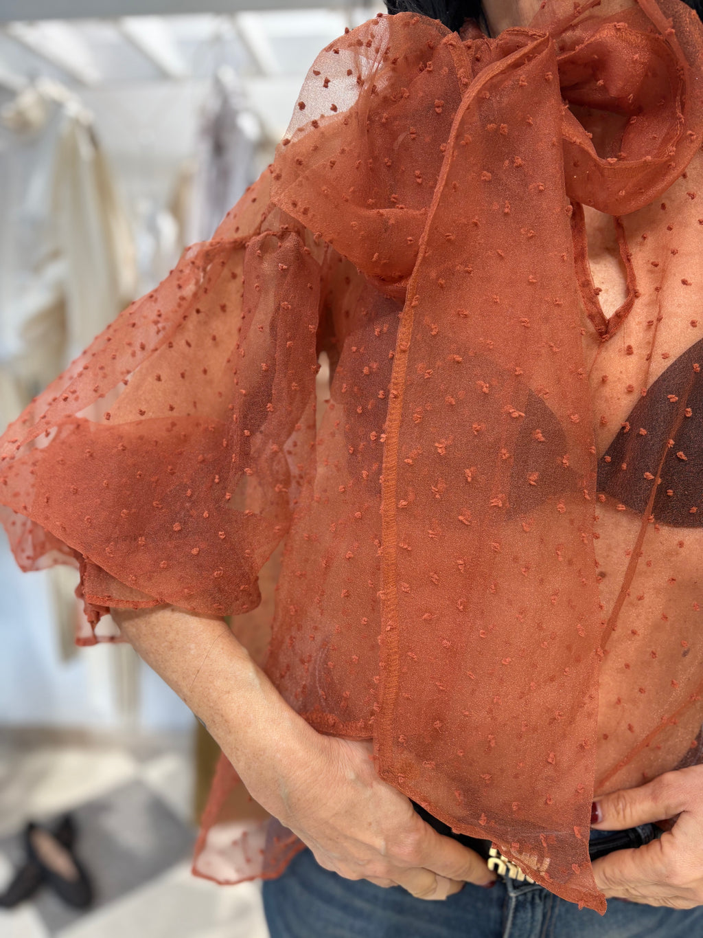Blusa in Organza Plumetis Terracotta con Fiocco – €39,90