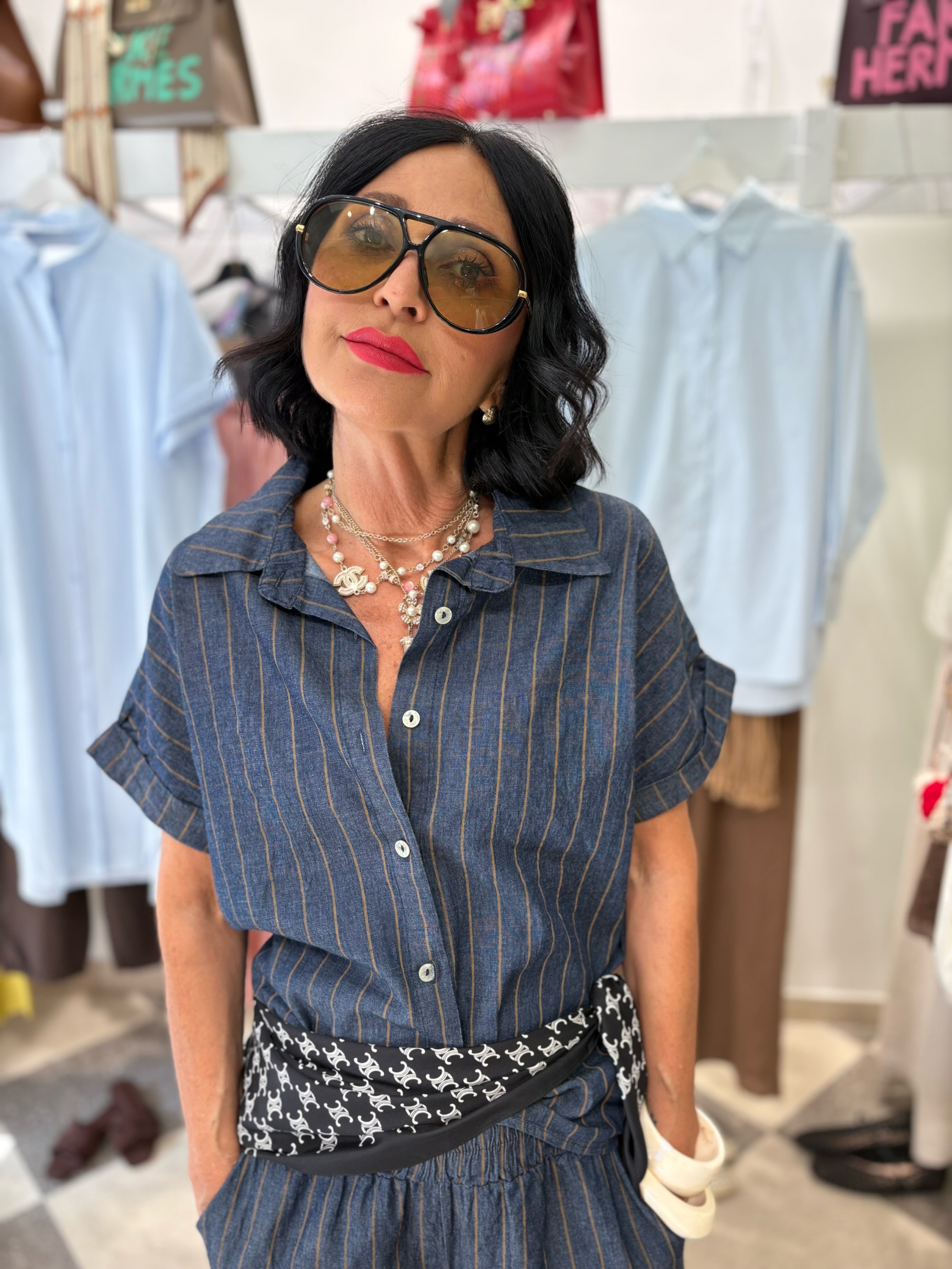 Coordinato gessato effetto denim
