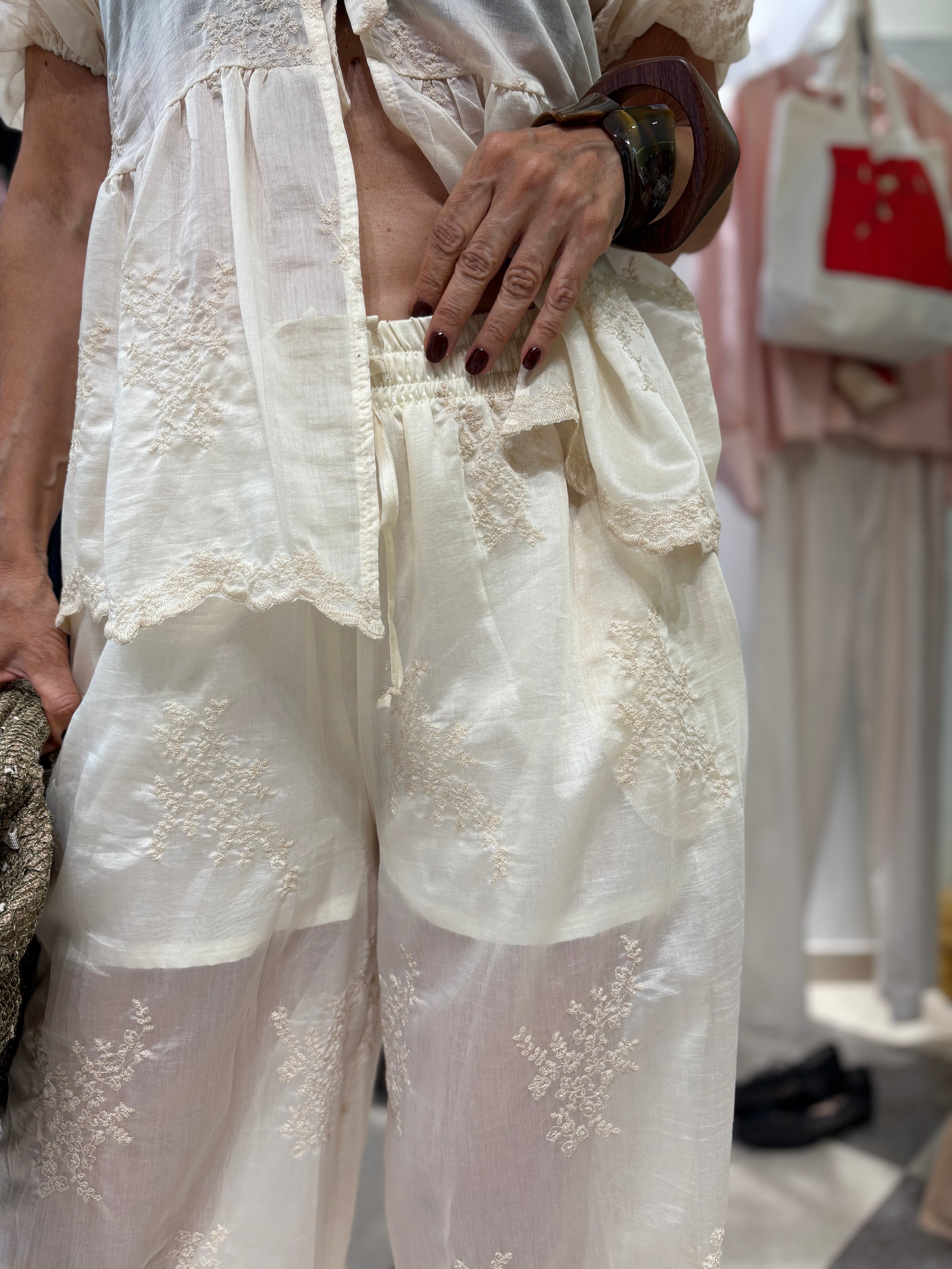 Pantalone palazzo ricamato avorio