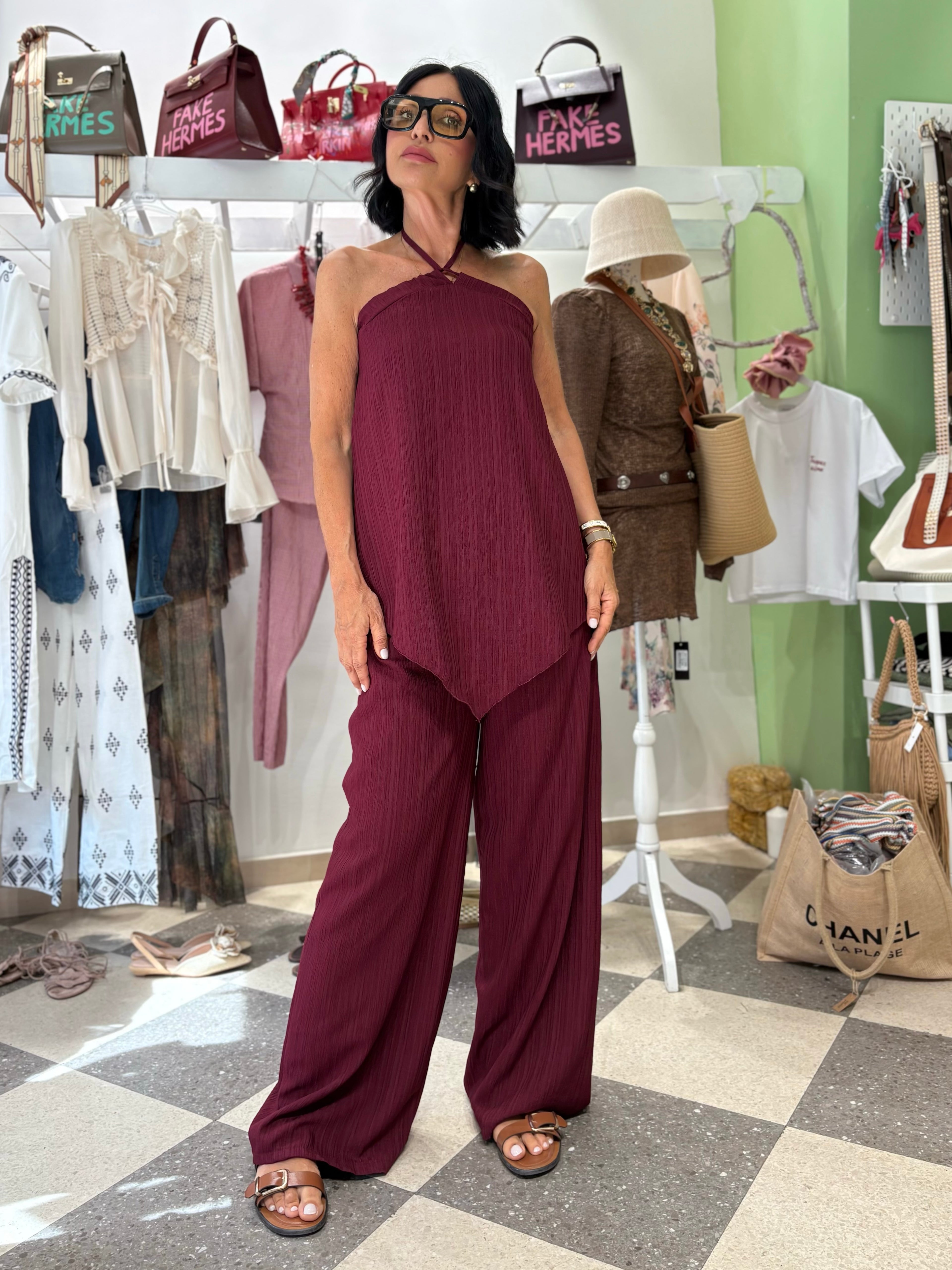 Coordinato plissé top e pantalone - bordeaux