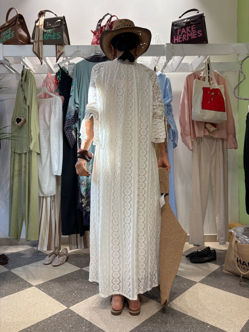 Abito lungo in crochet panna