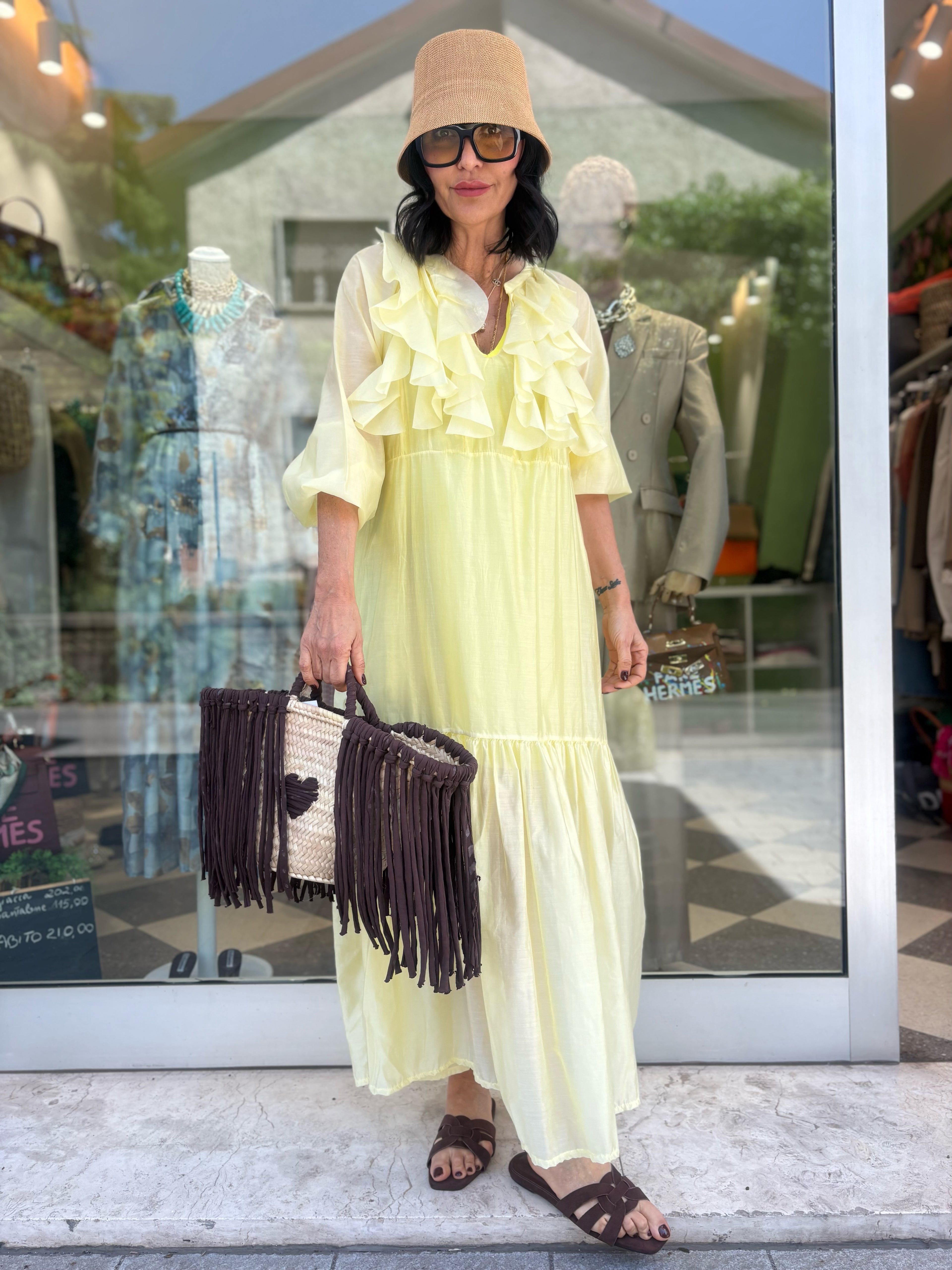 Abito lungo con rouches giallo