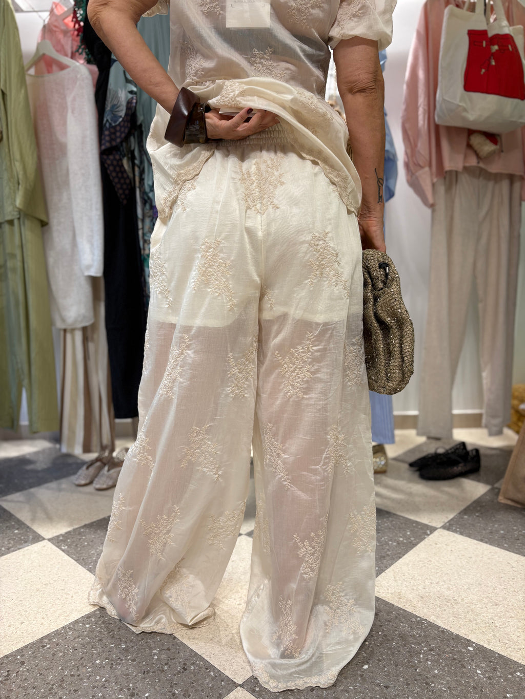 Pantalone palazzo ricamato avorio