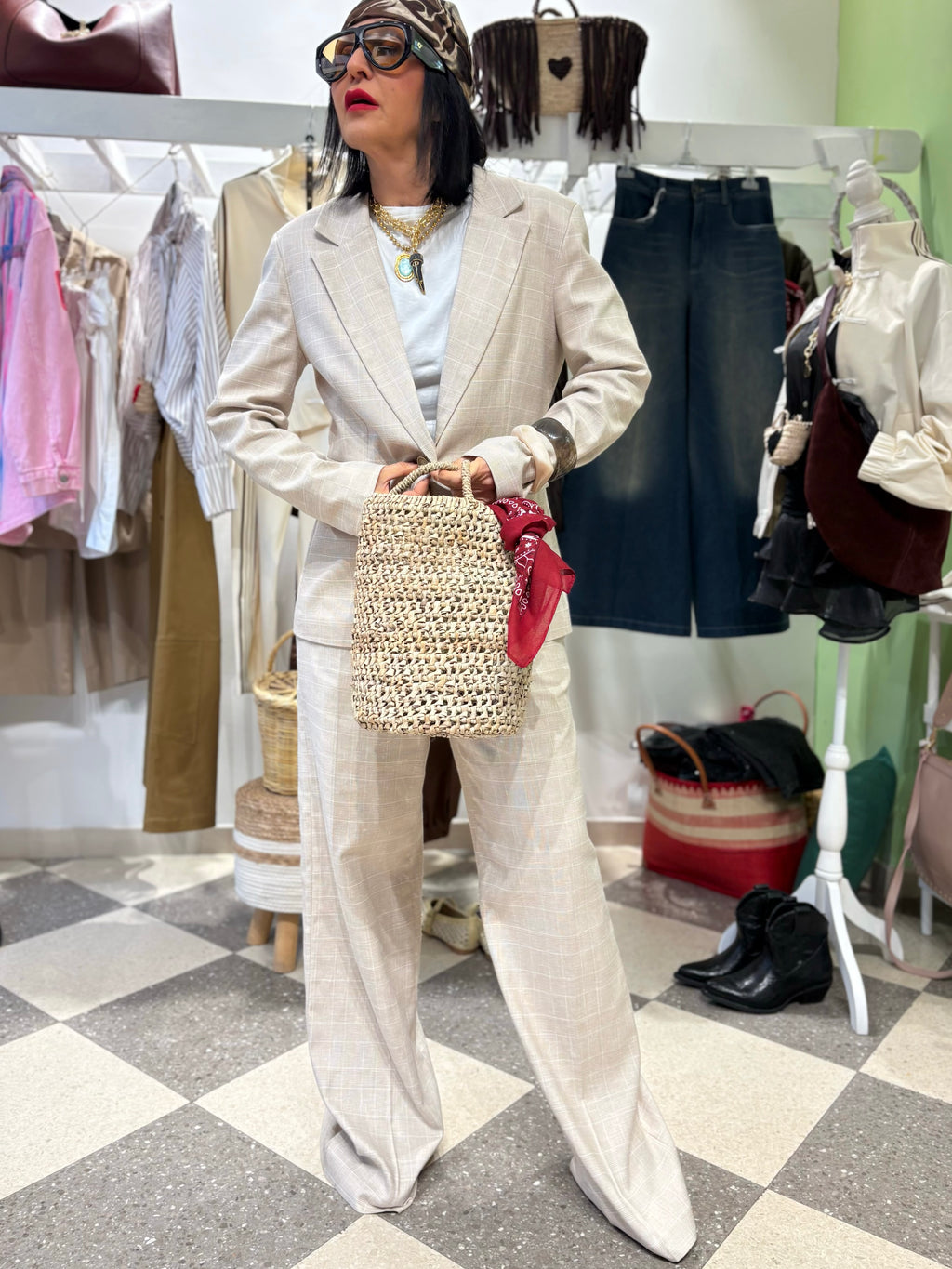 Motel | pantalone palazzo beige check