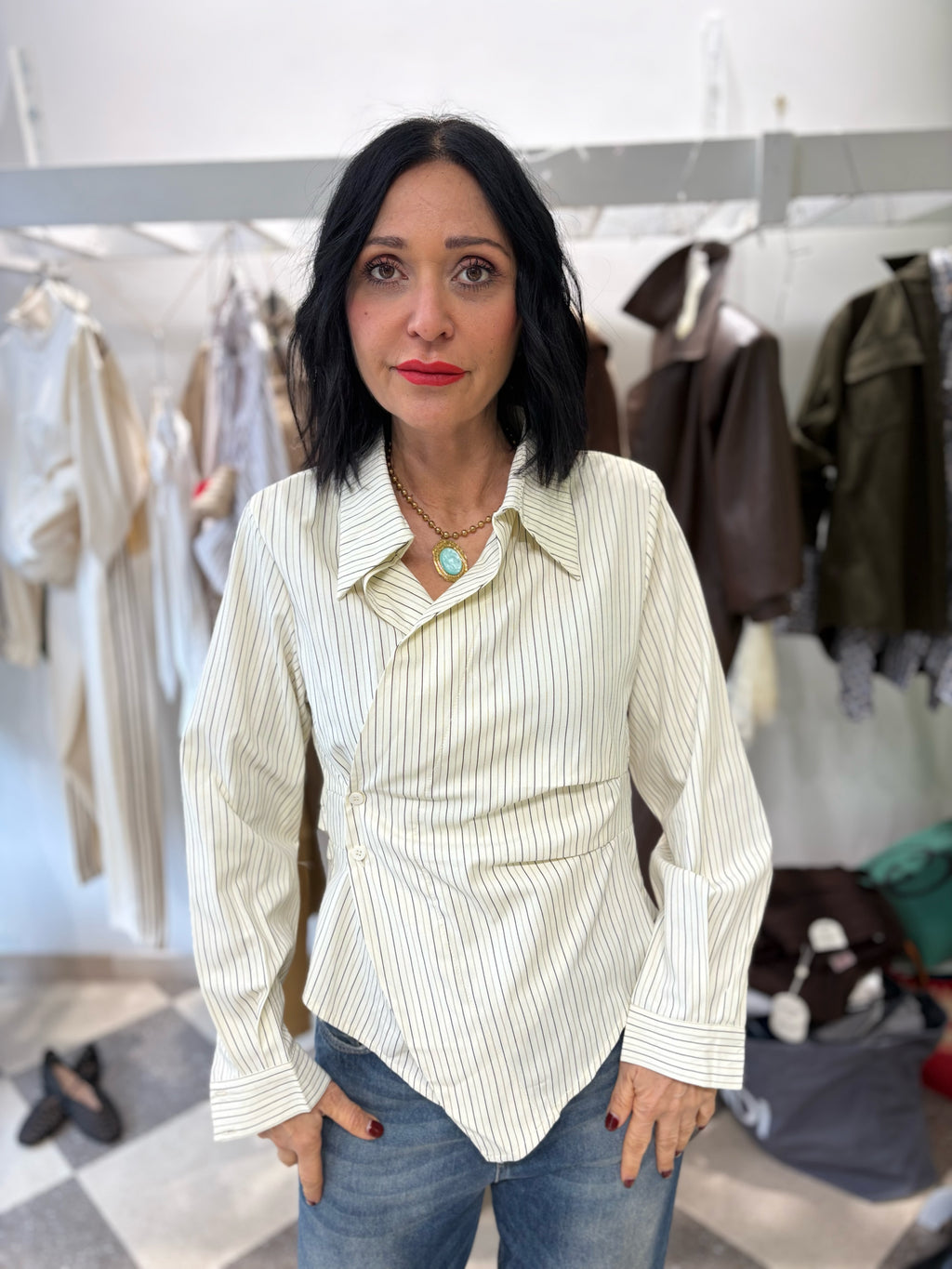 Camicia incrociata gessata giallo burro