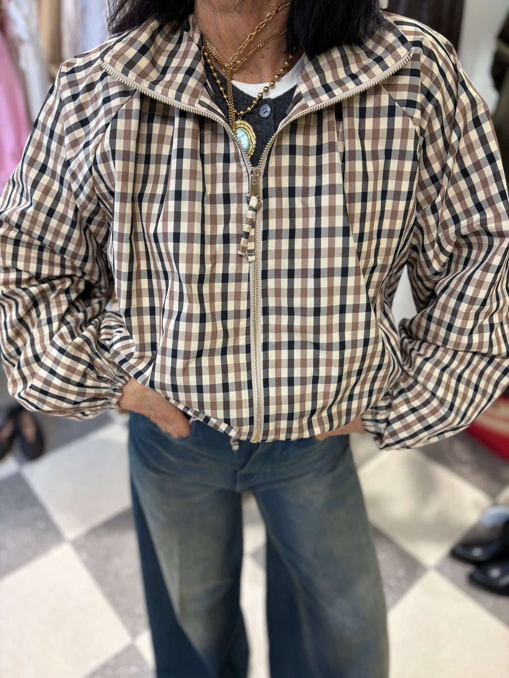 Bomber Check Beige Zip Front