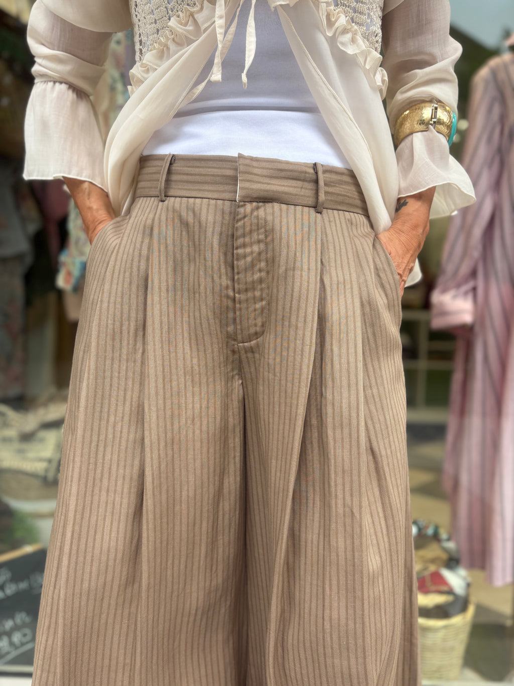 Pantalone palazzo gessato - Tortora