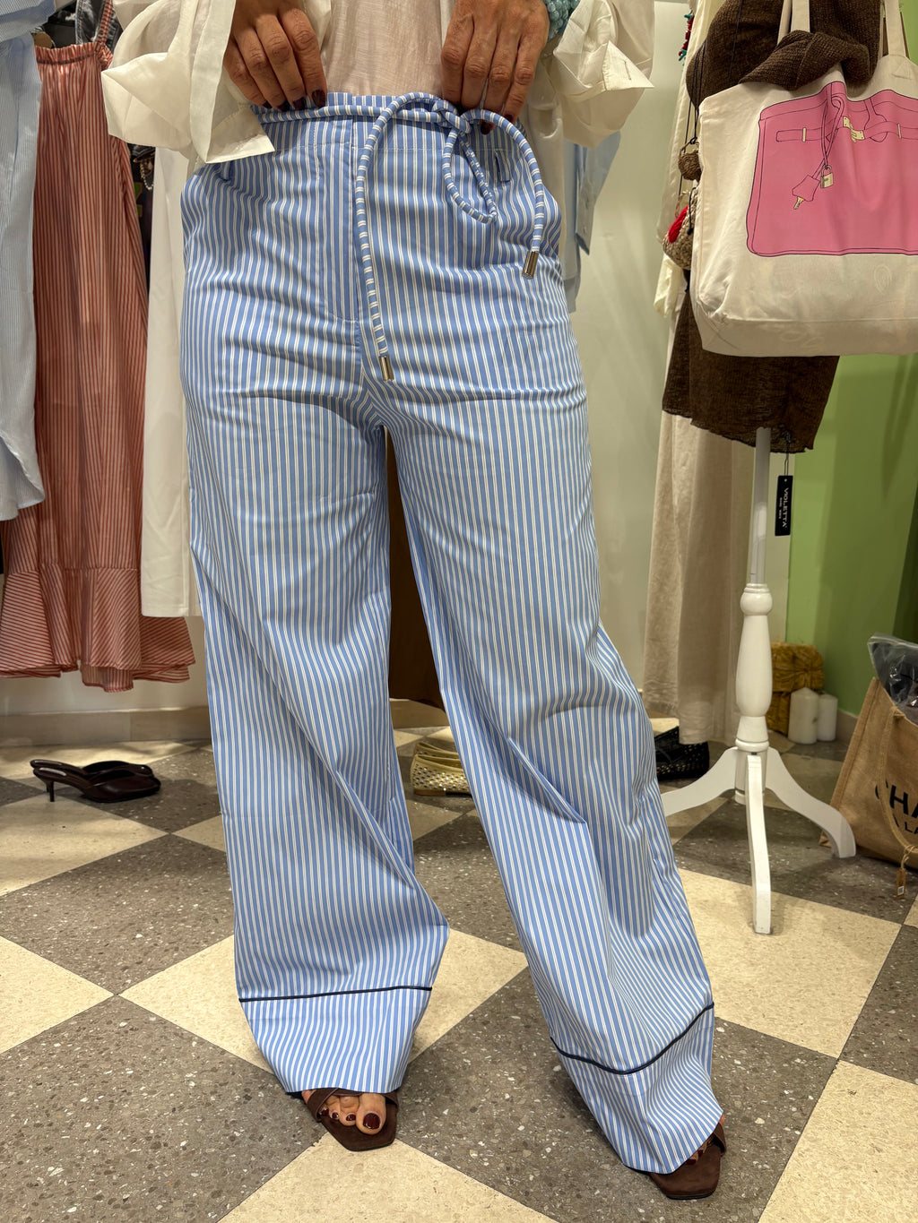 Pantalone palazzo riga azzurra
