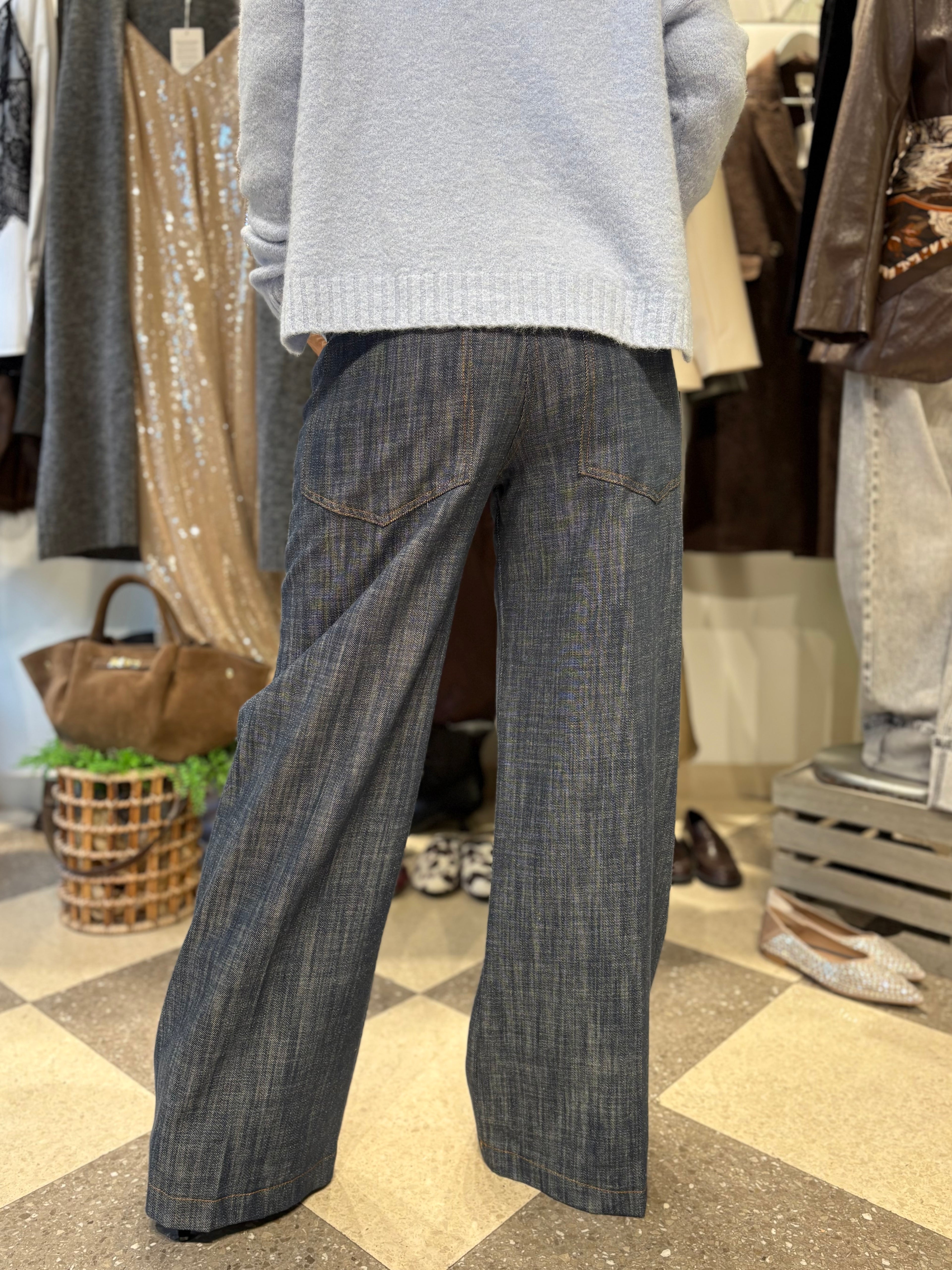 Motel denim palazzo con elastico in vita e cordoncino a vista