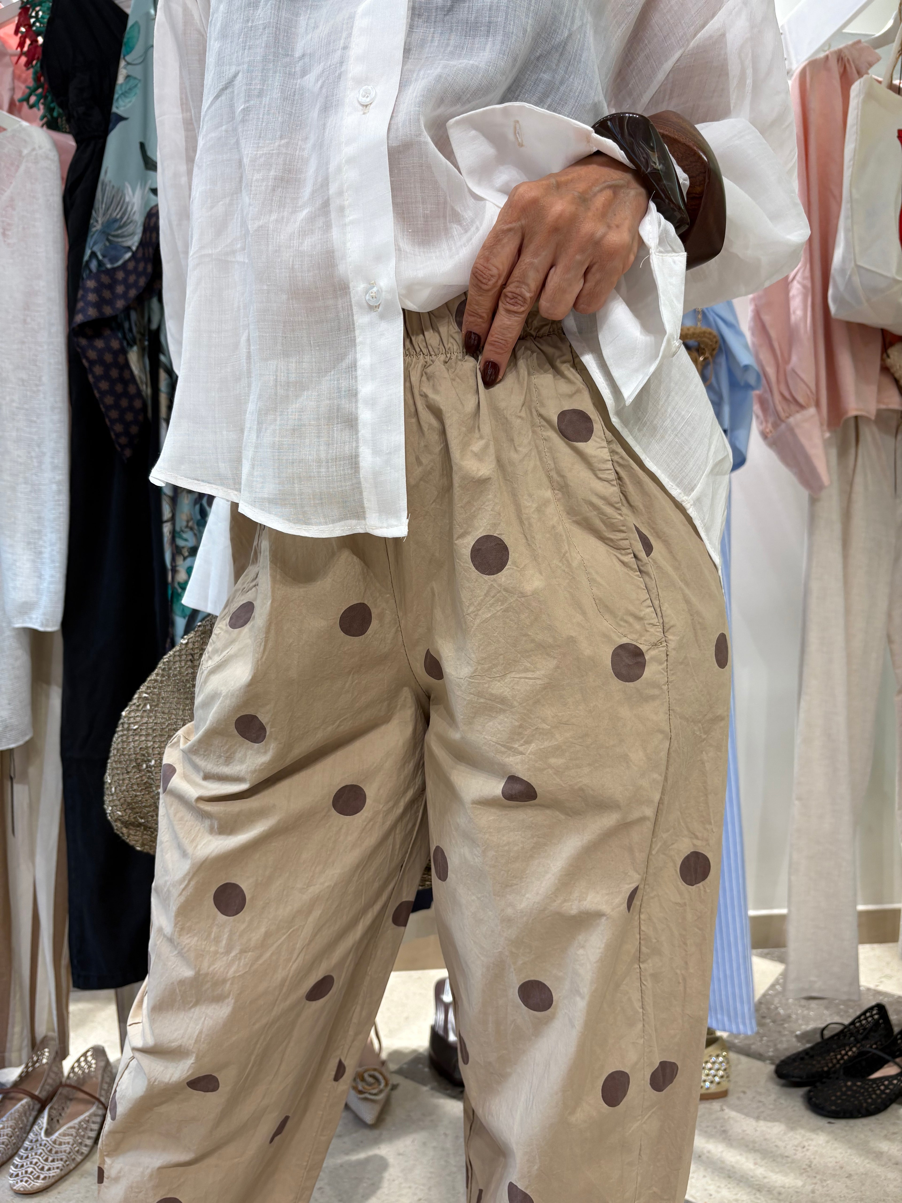 Pantalone gamba dritta pois - sabbia