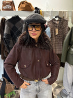 Bomber cropped con collo in eco fur