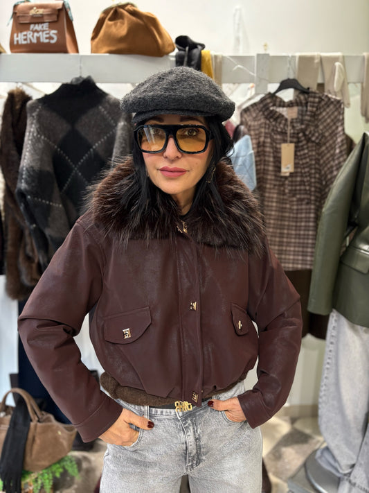 Bomber cropped con collo in eco fur