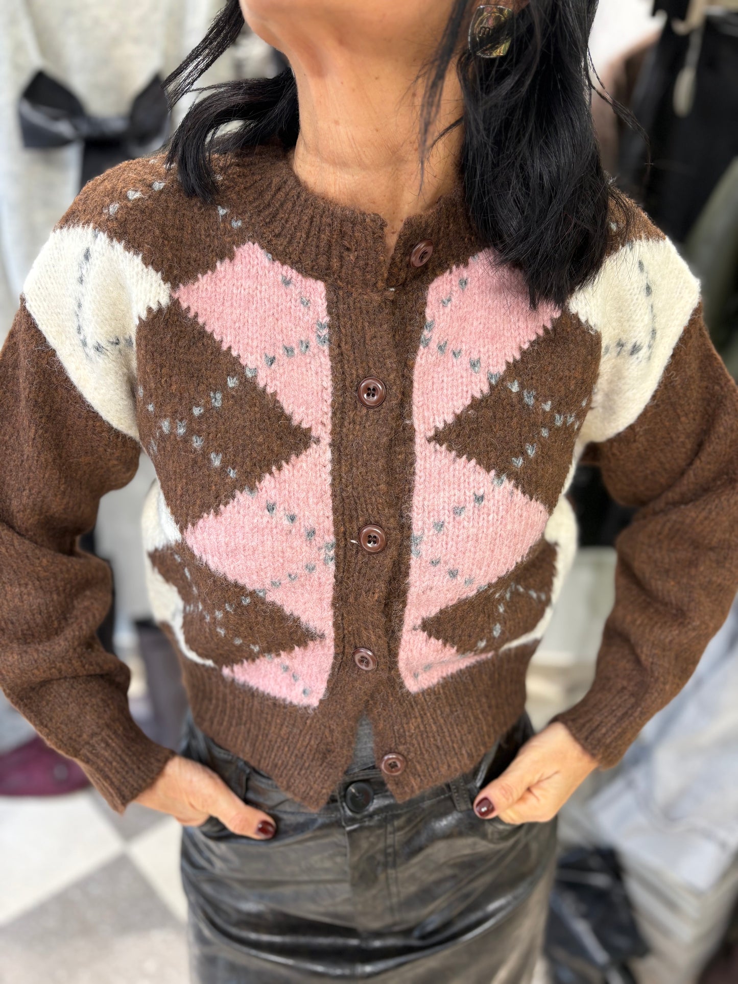 Cardigan rombi blurry pink