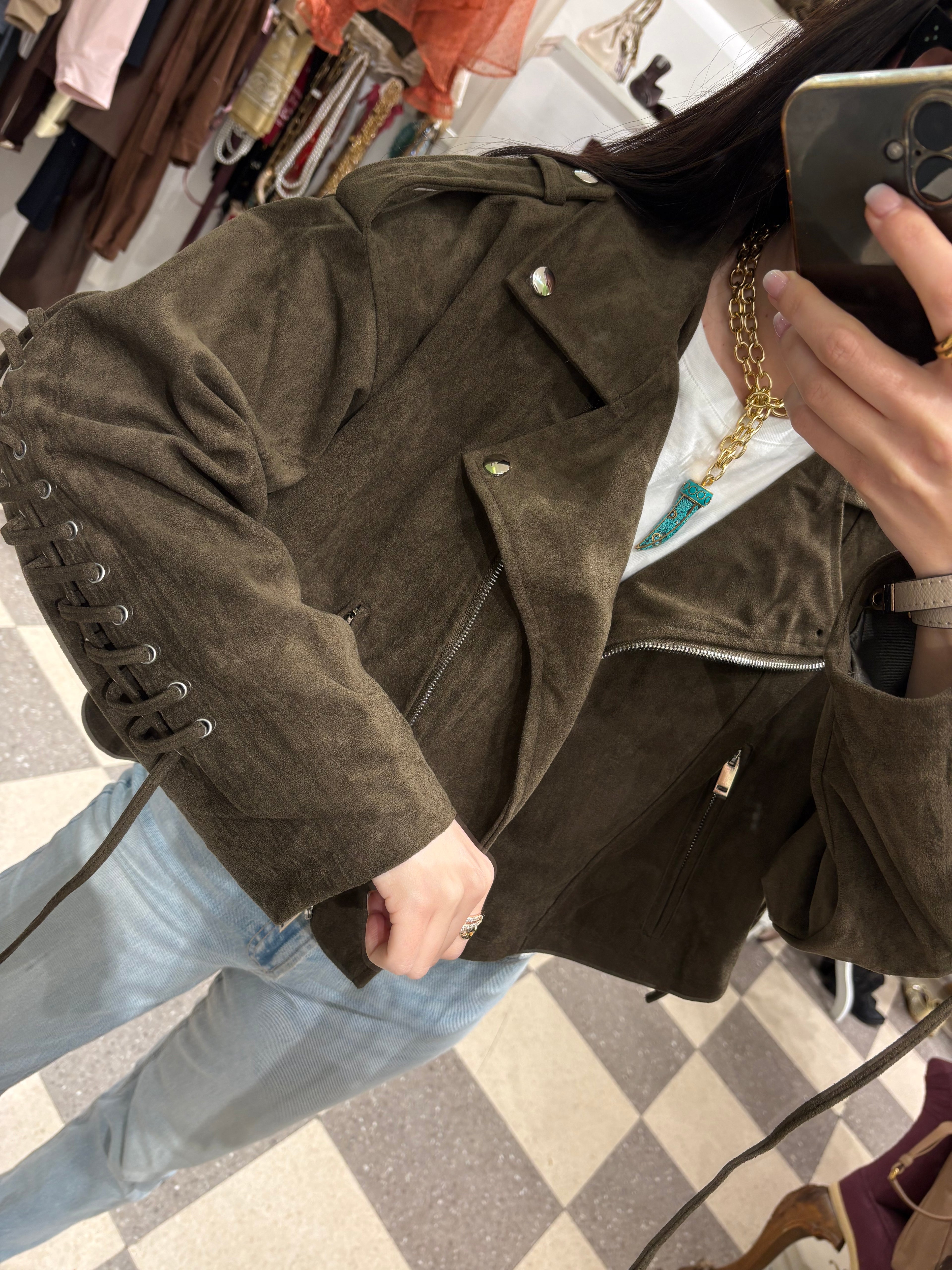 Chiodo in eco camoscio verde scuro