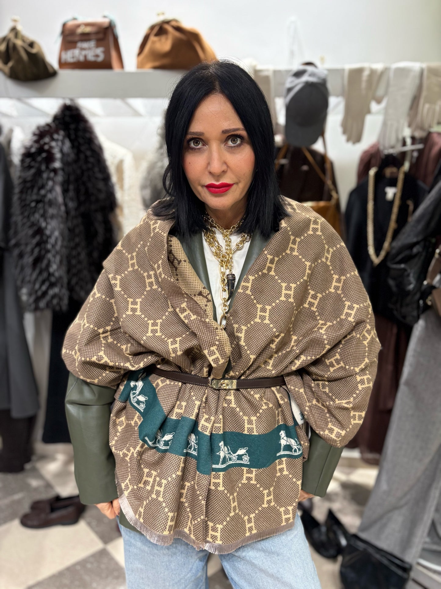 Stola small H dark green and white