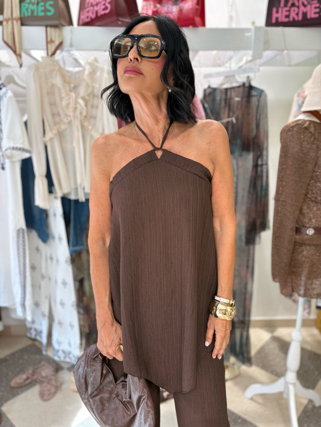 Coordinato plissé top e pantalone - cacao