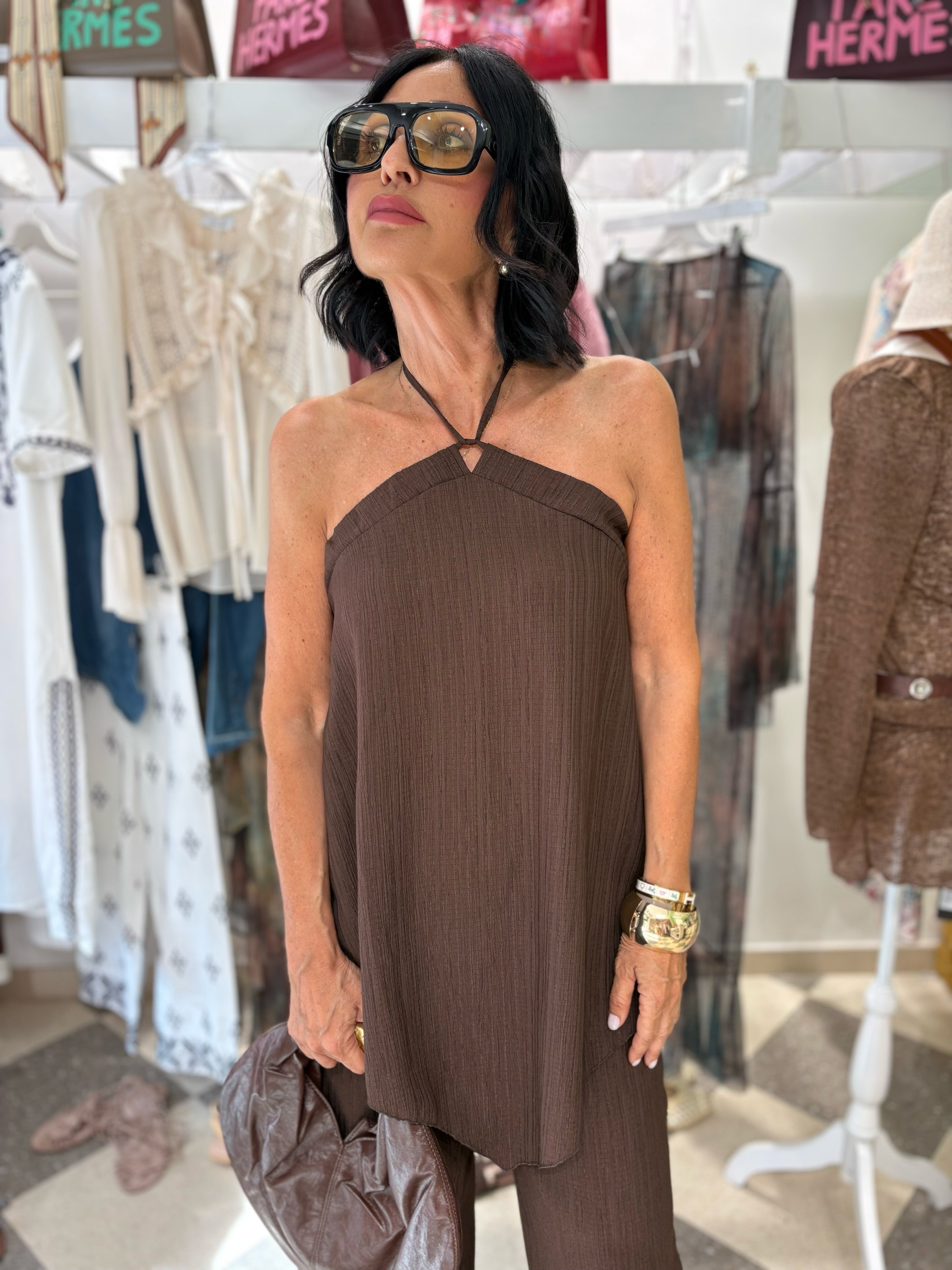 Coordinato plissé top e pantalone - cacao