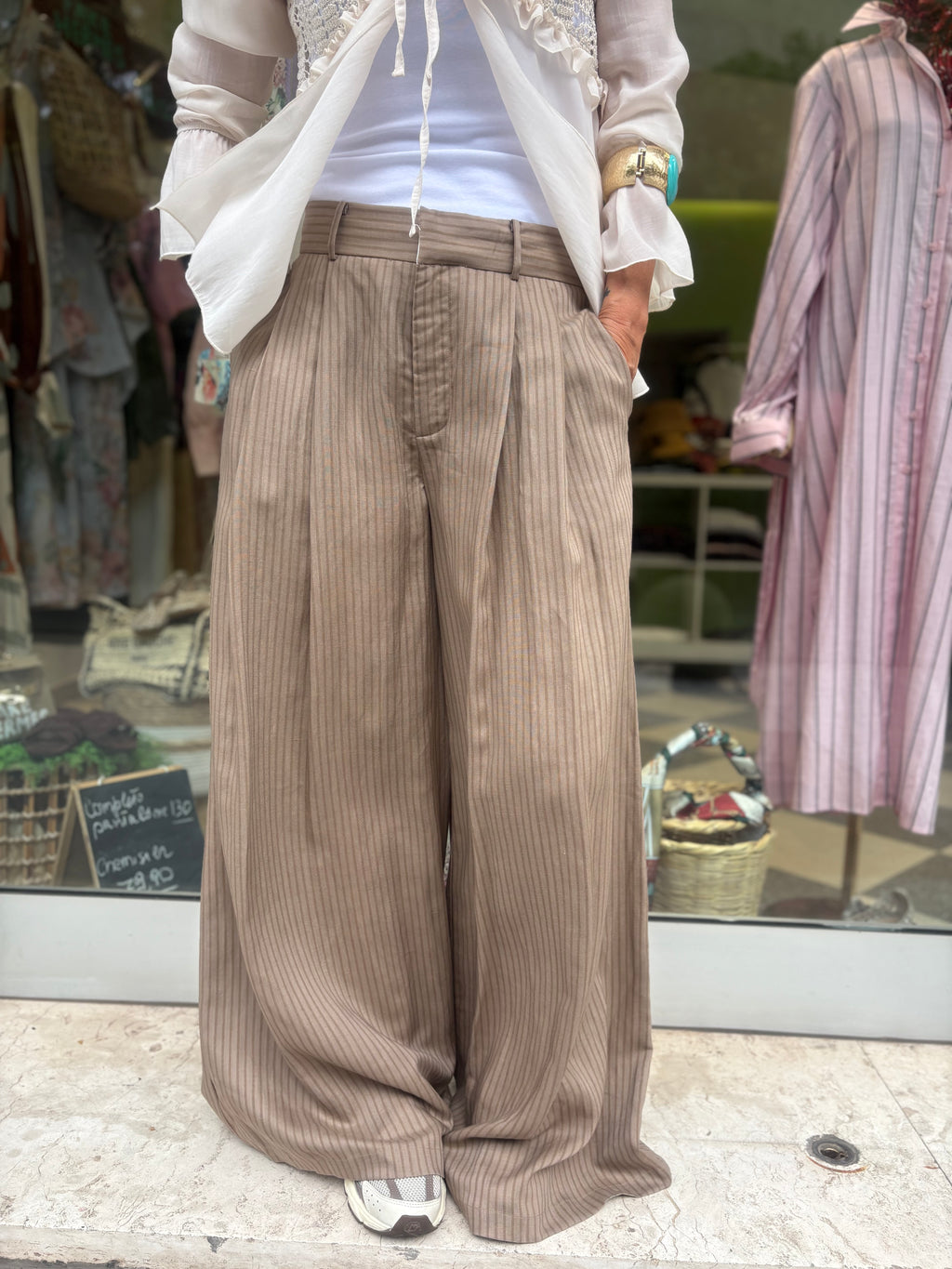 Pantalone palazzo gessato - Tortora