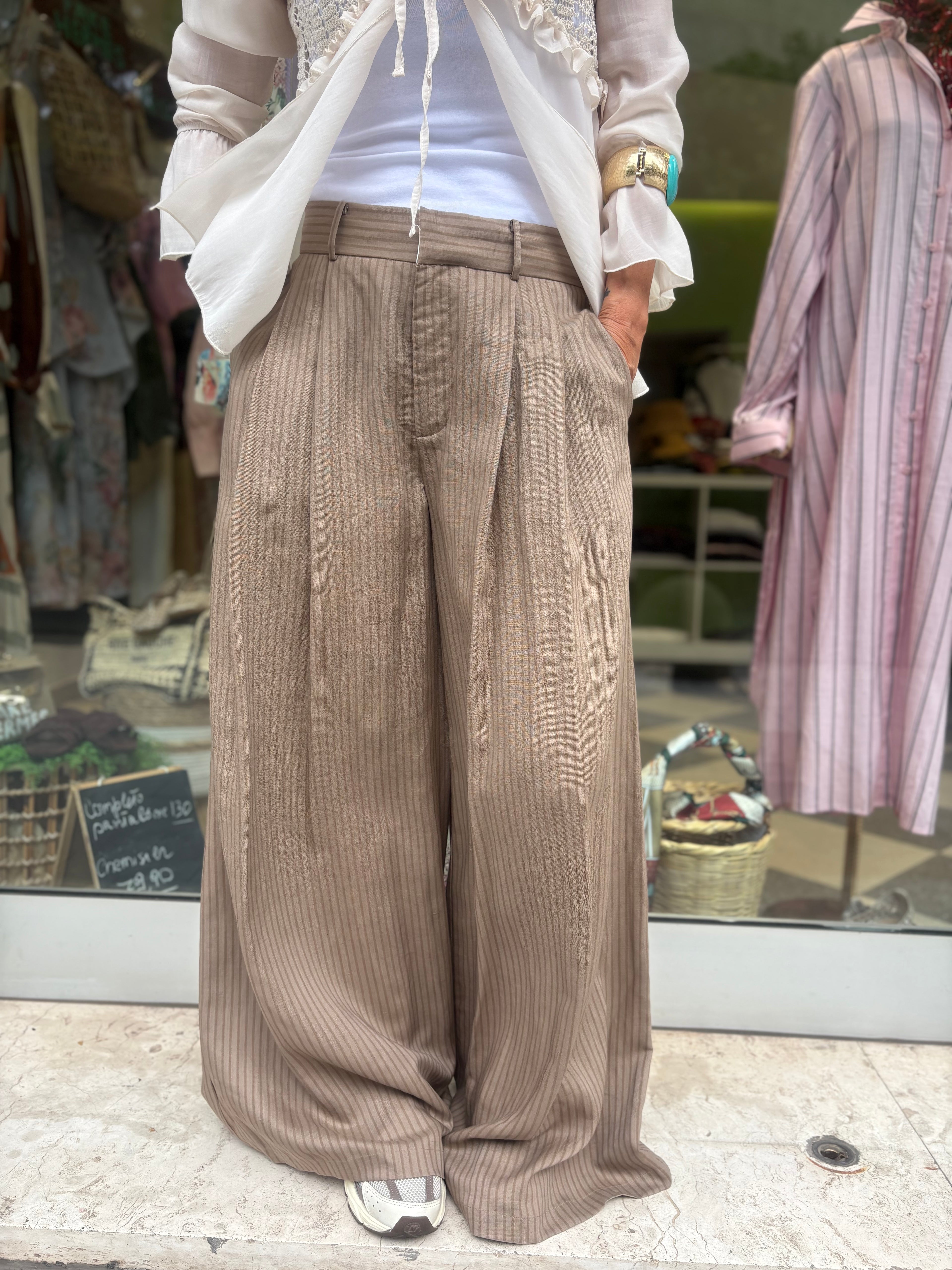 Pantalone palazzo gessato - Tortora