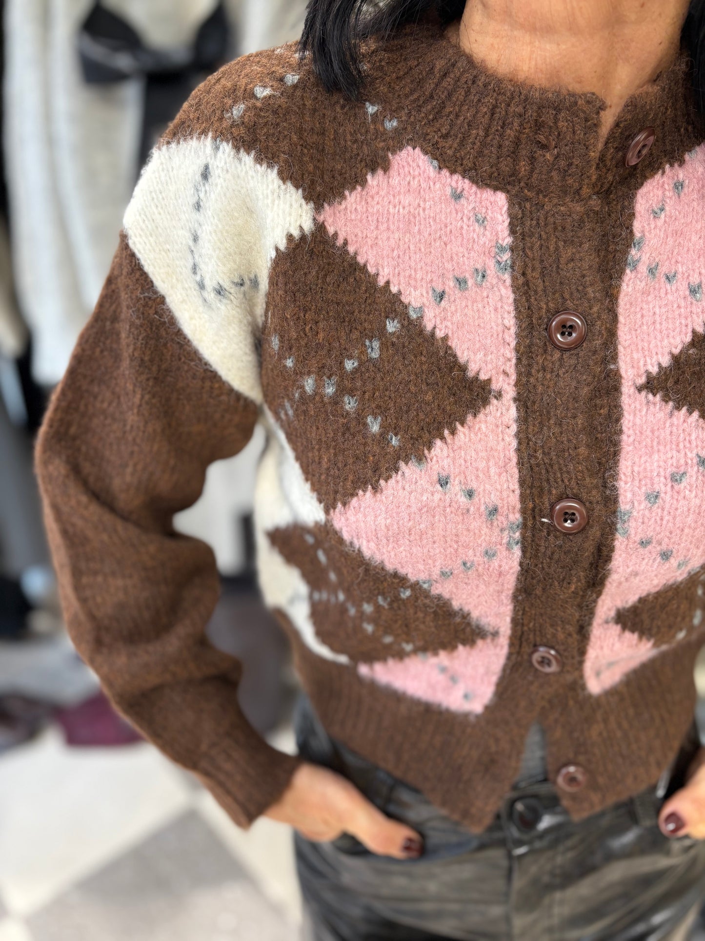 Cardigan rombi blurry pink