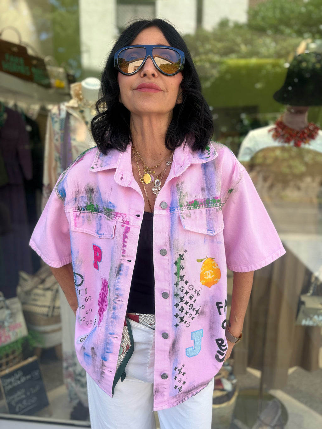 Giacca custom denim rosa - modello manica corta