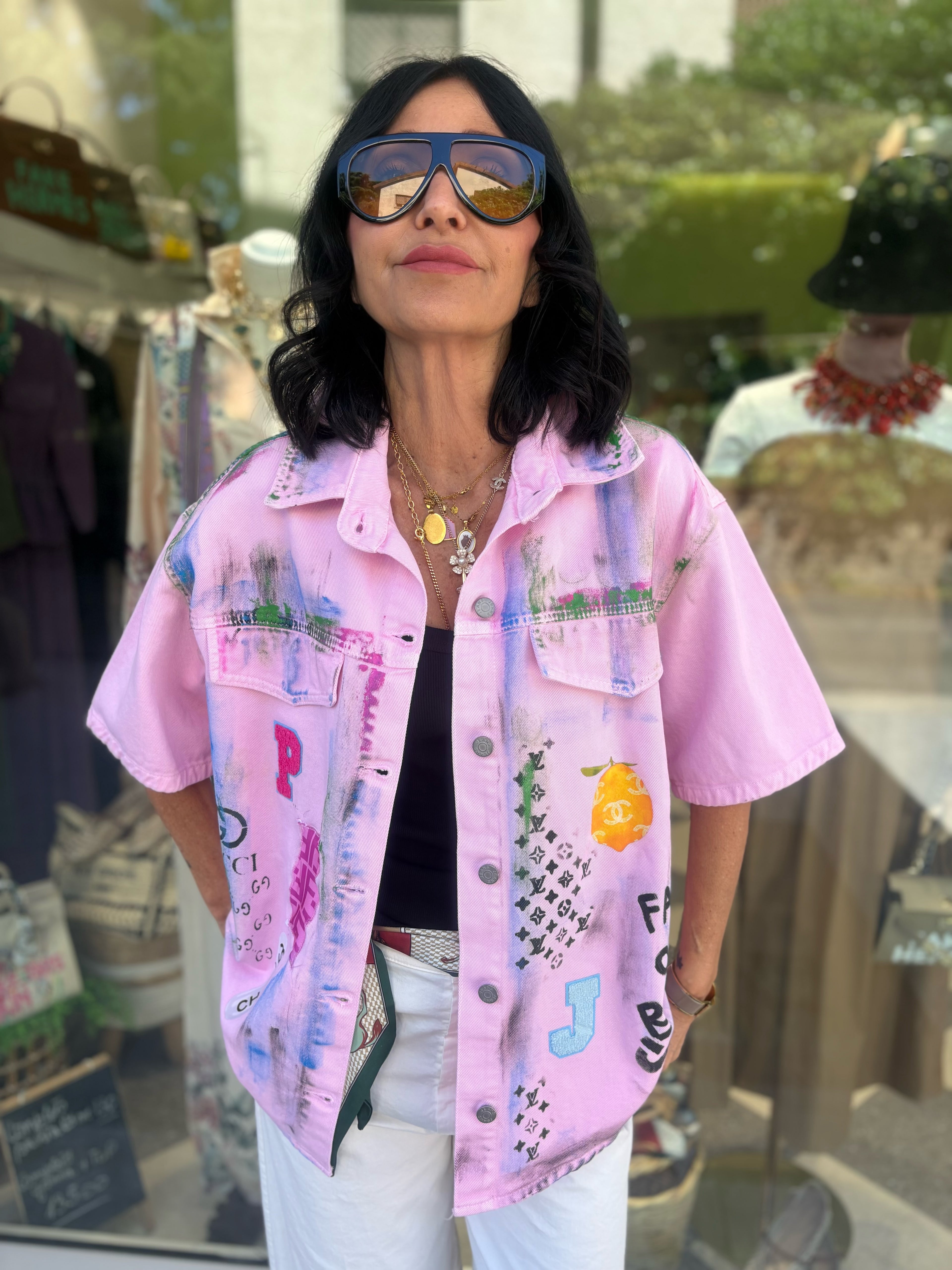 Giacca custom denim rosa - modello manica corta
