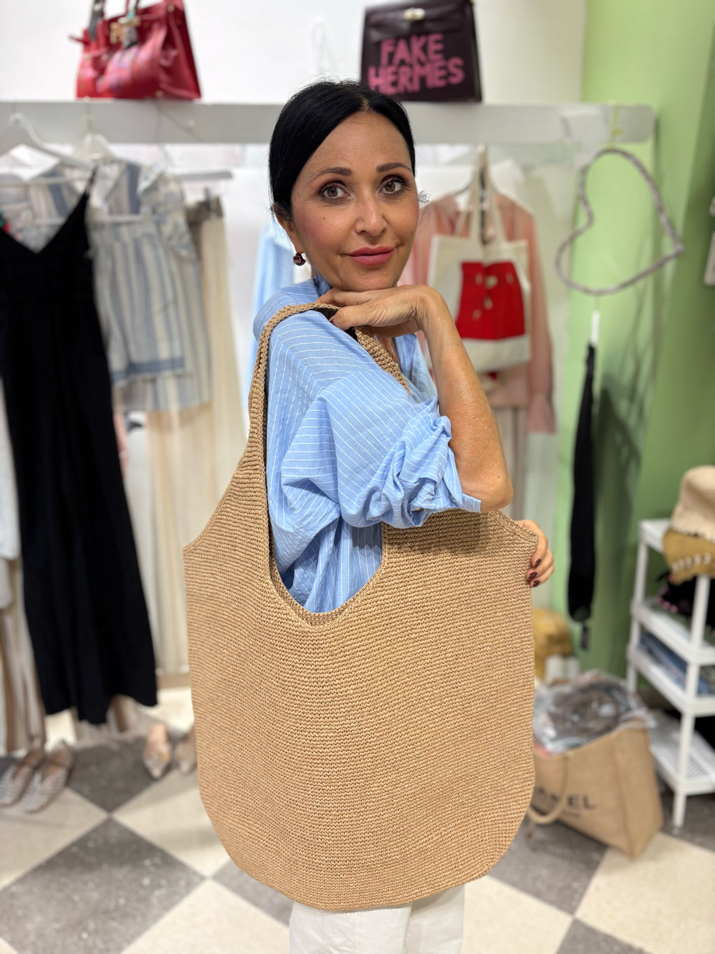 Maxi shopper intrecciata sabbia