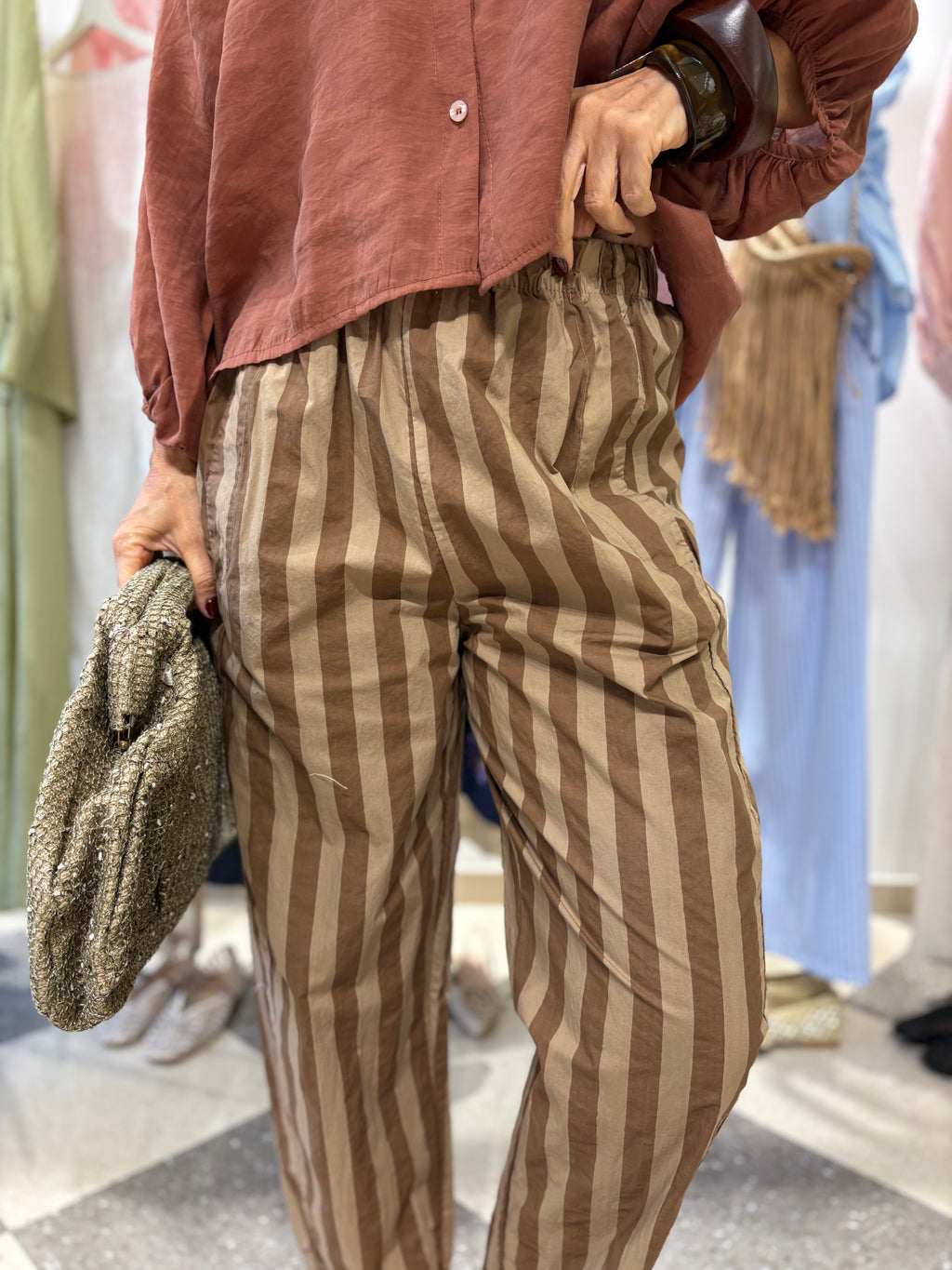 Pantalone gamba dritta - riga marrone