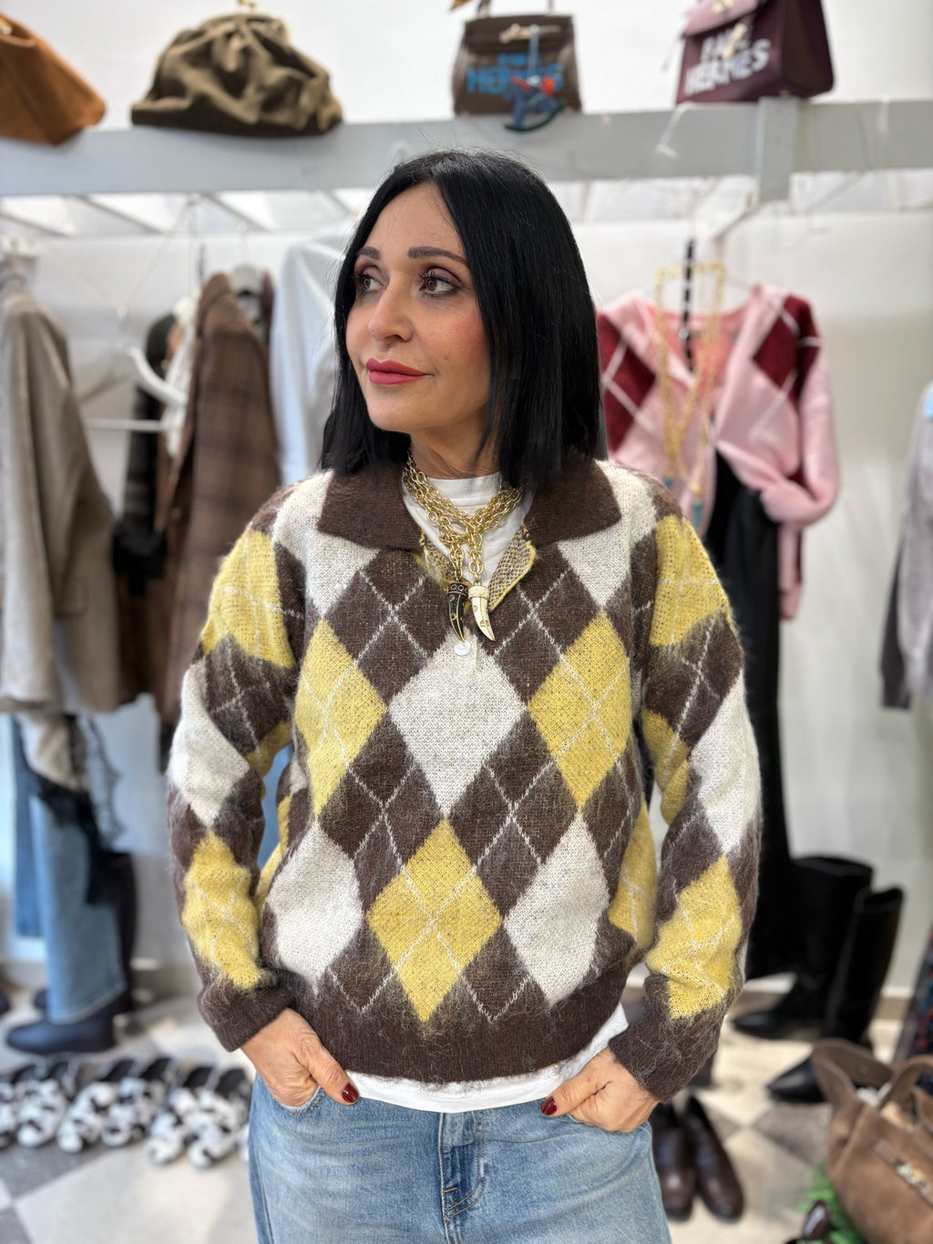 Polo fluffy manica lunga rombi marrone e giallo