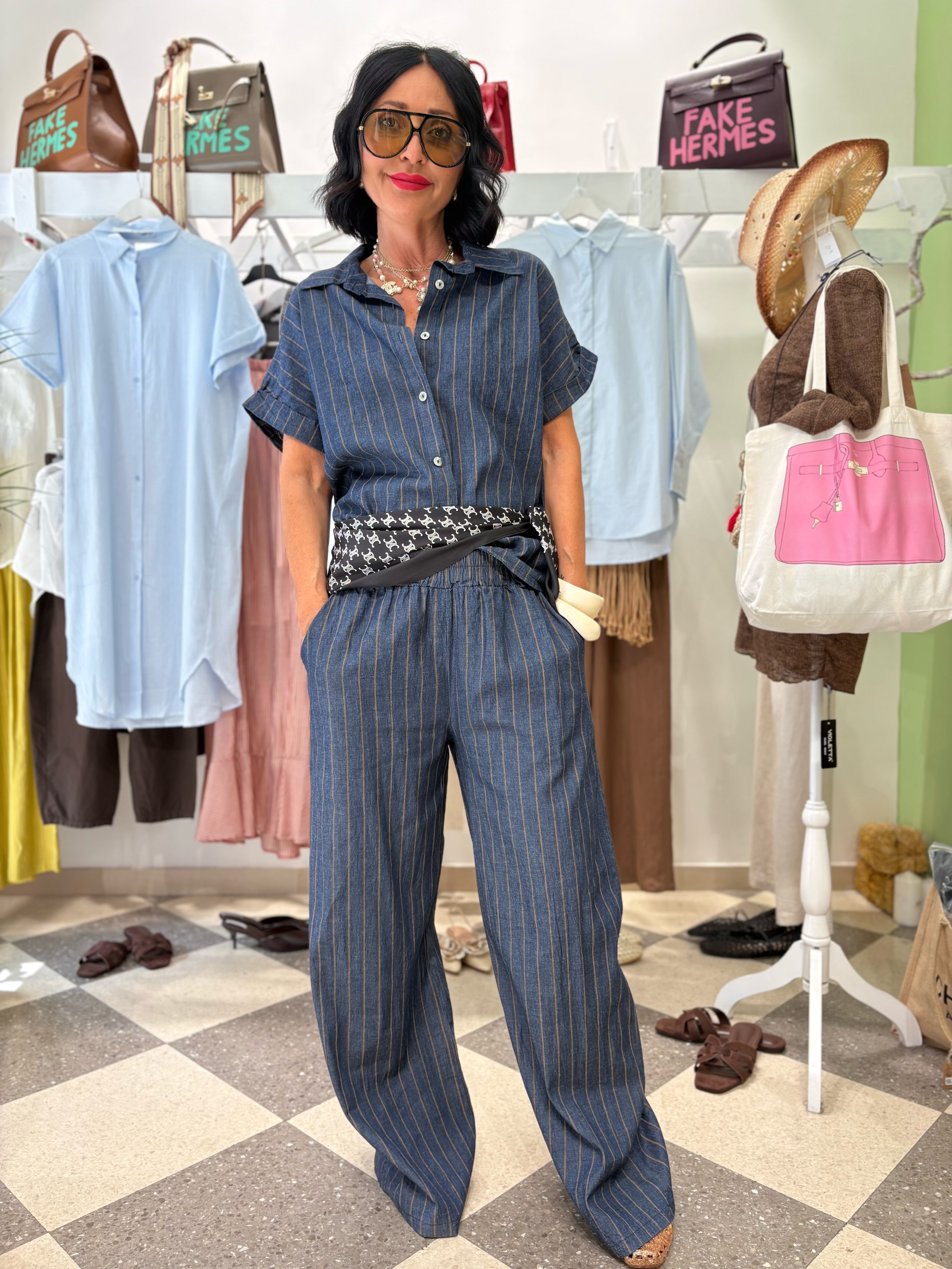 Coordinato gessato effetto denim