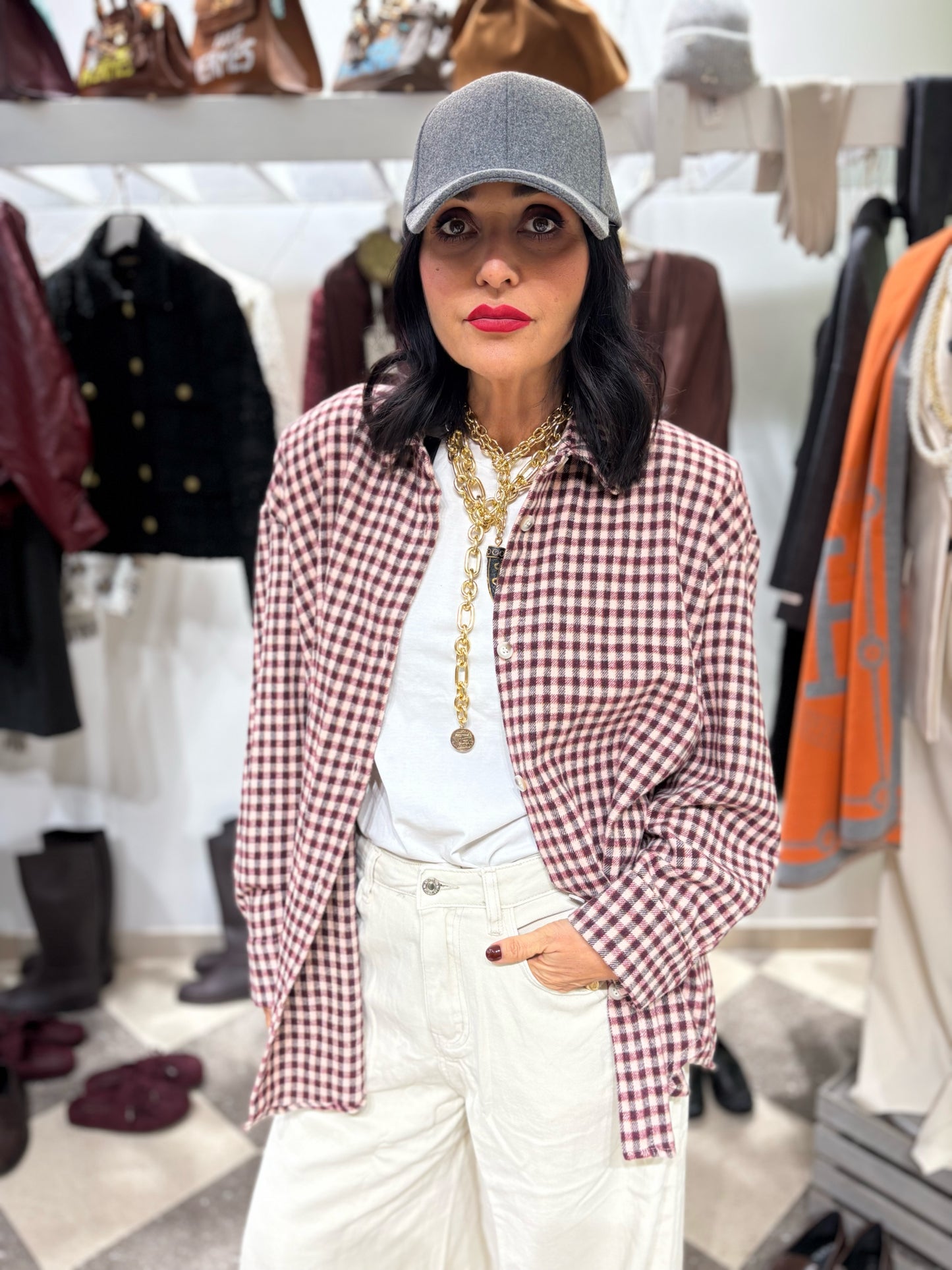 Camicia in flanella check rosso e panna