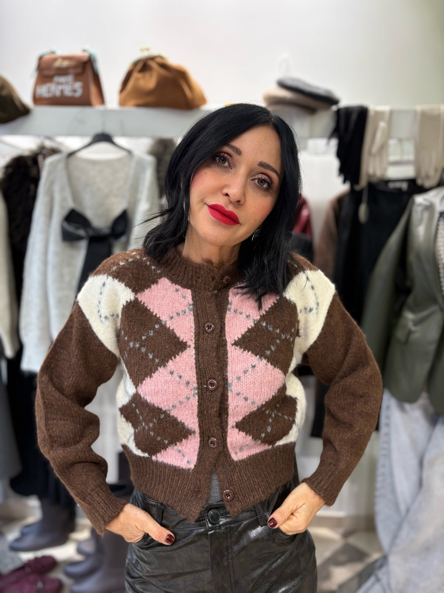 Cardigan rombi blurry pink