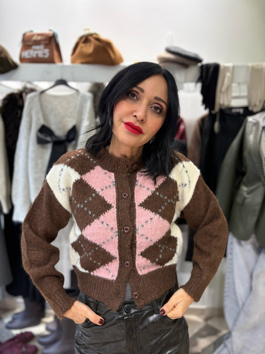 Cardigan rombi blurry pink