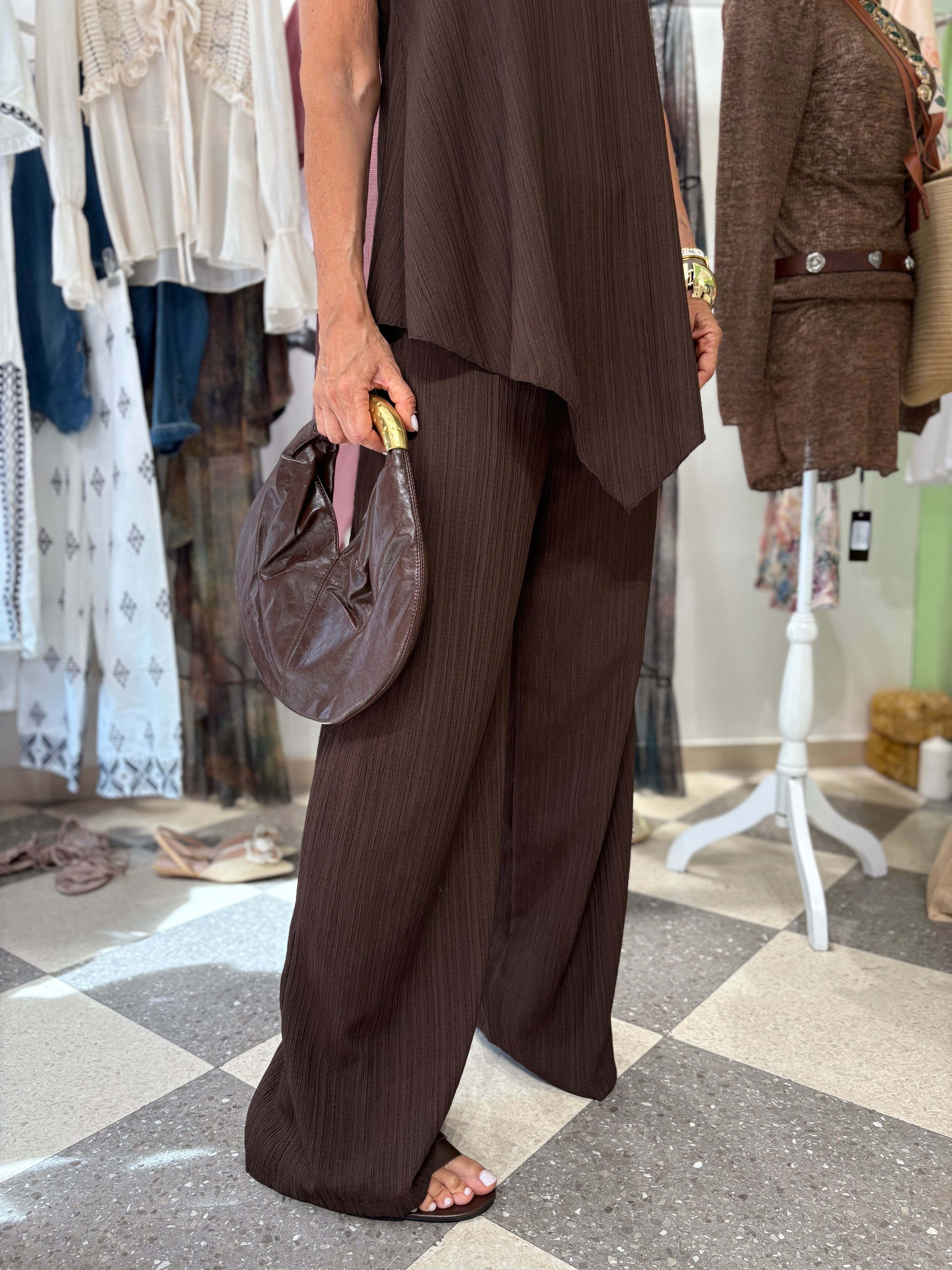 Coordinato plissé top e pantalone - cacao