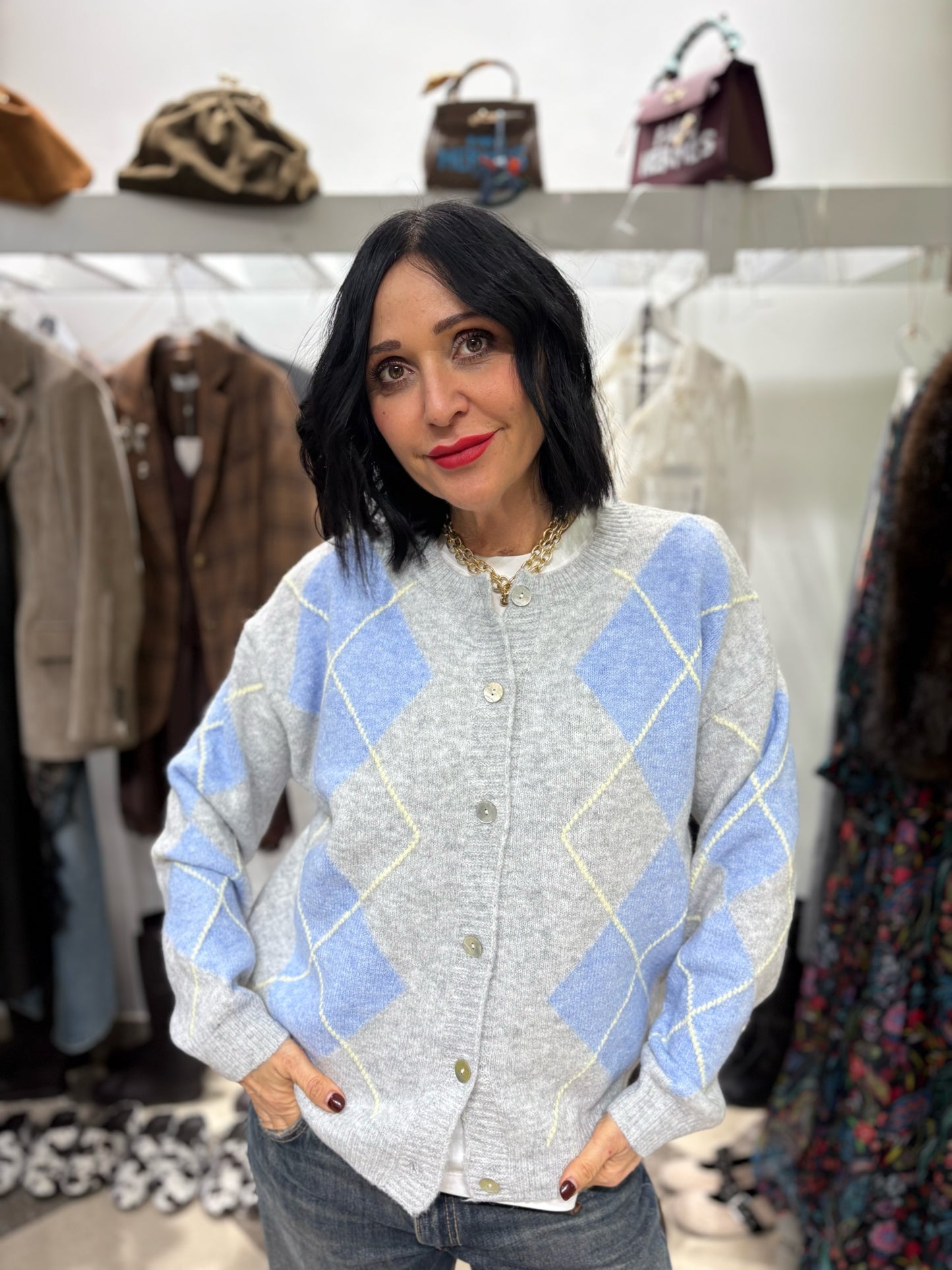 Cardigan rombi grigio e celeste