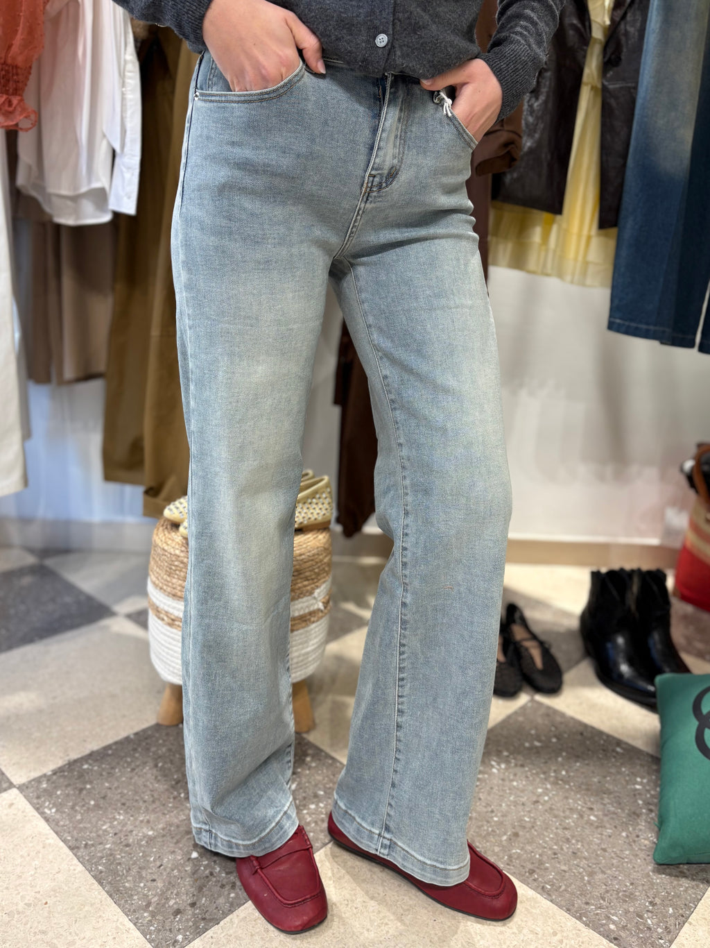 Denim straight leg vita alta