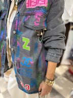 Giacca denim vintage grigia custom dipinta a mano - Come noi due