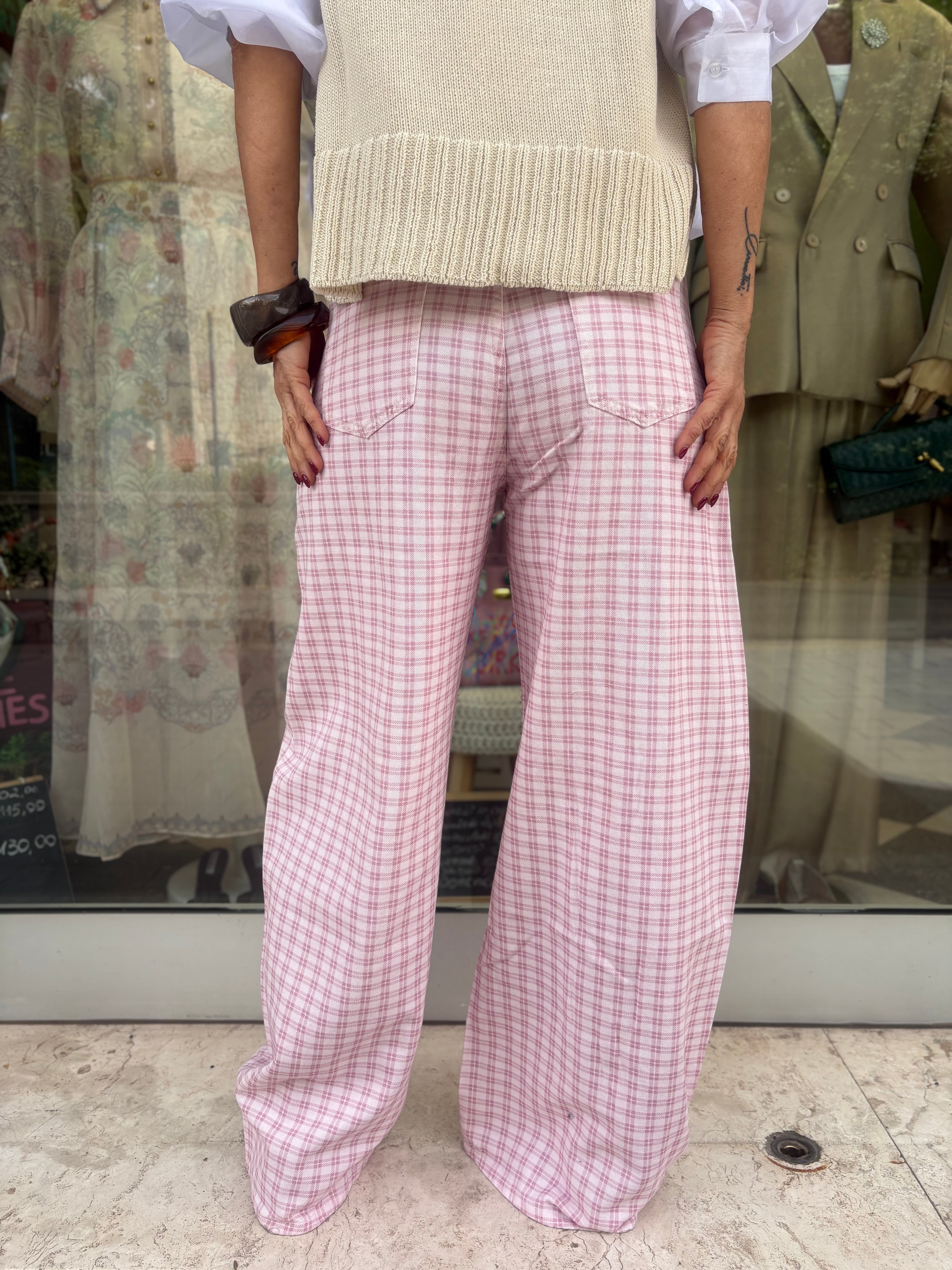 Pantalone barrel check rosa