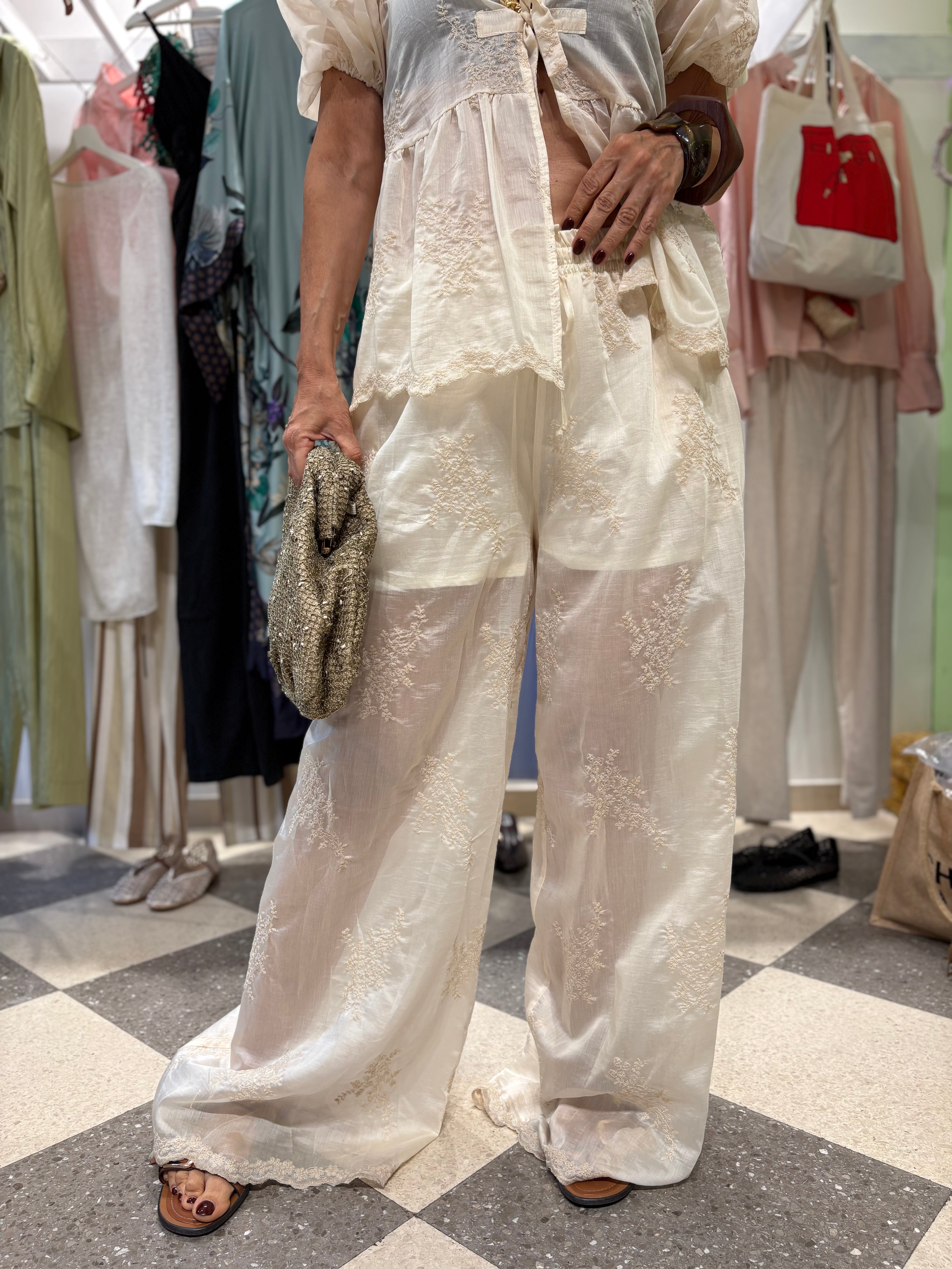 Pantalone palazzo ricamato avorio