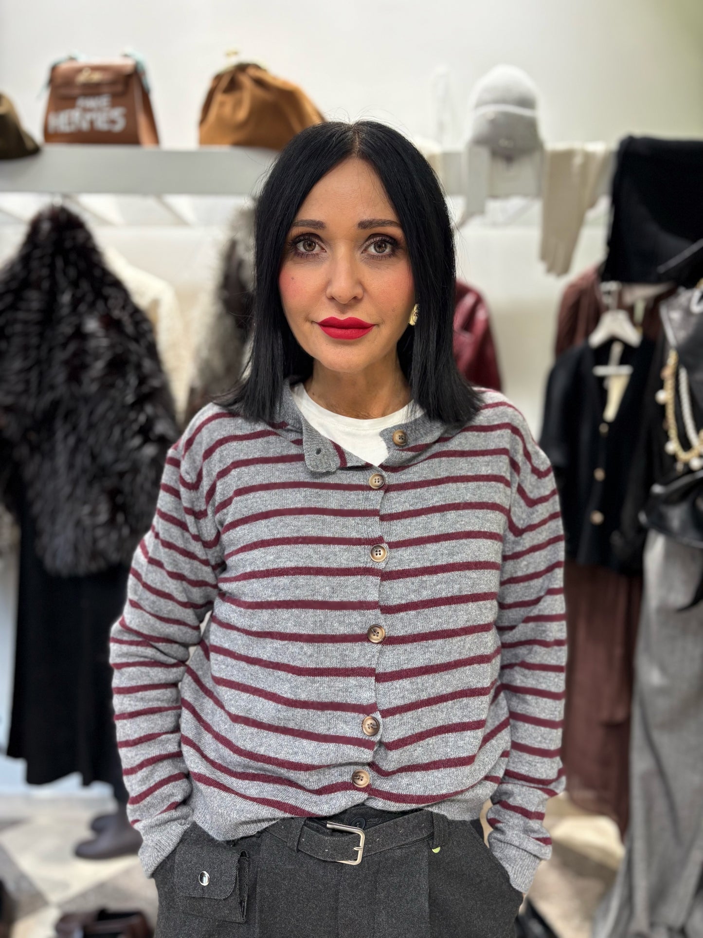 Cardigan in misto cashmere thin stripes