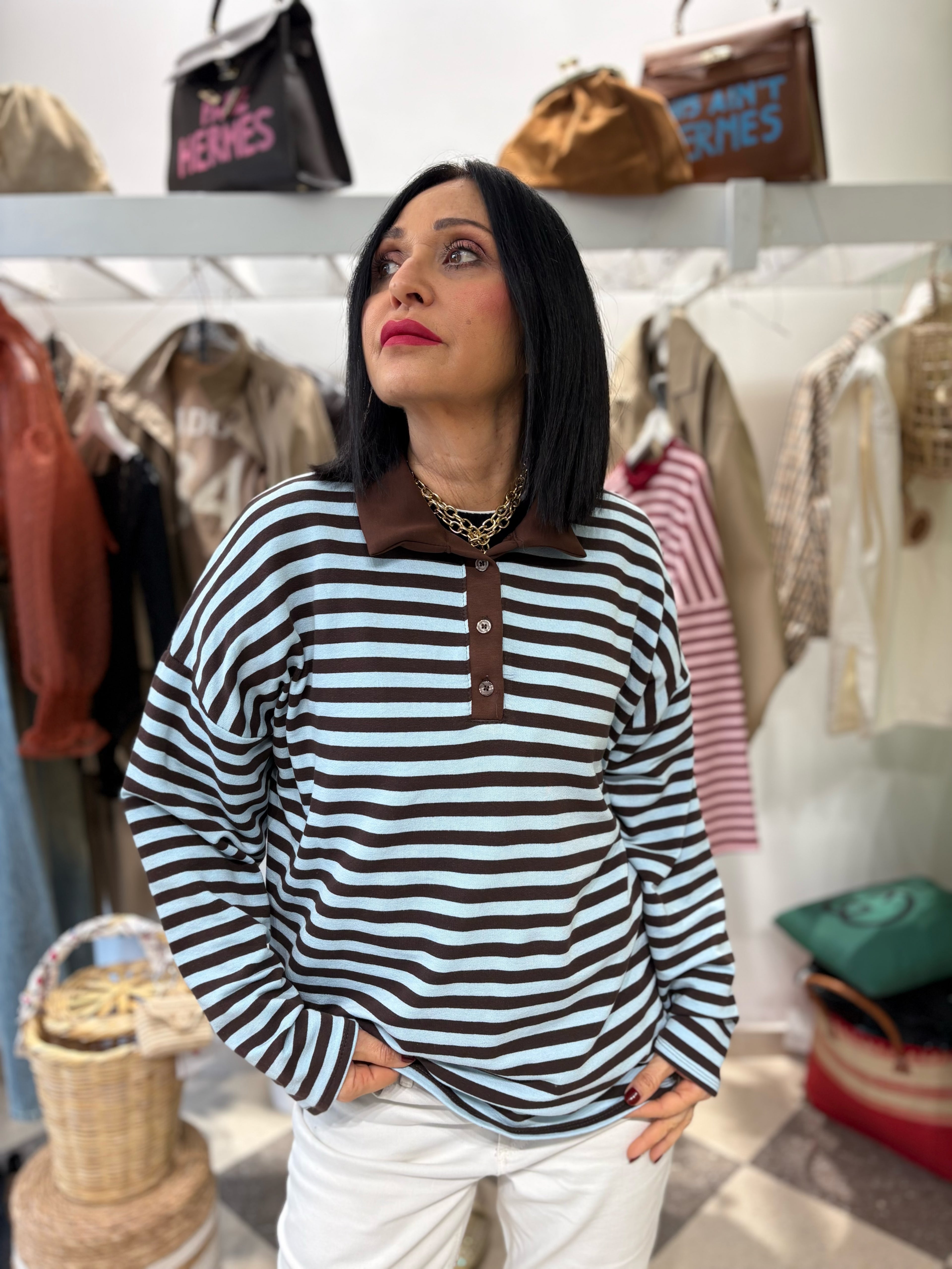 Polo fit over righe cioccolato e celeste