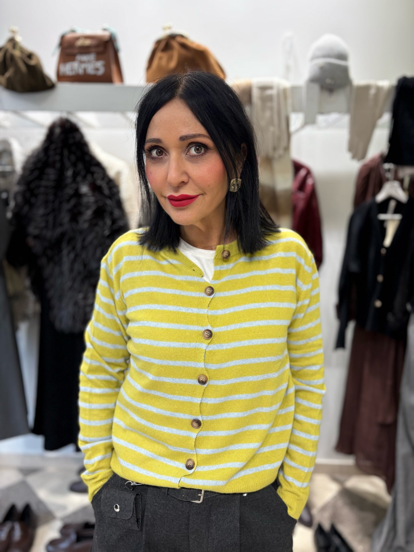 Cardigan in misto cashmere thin stripes